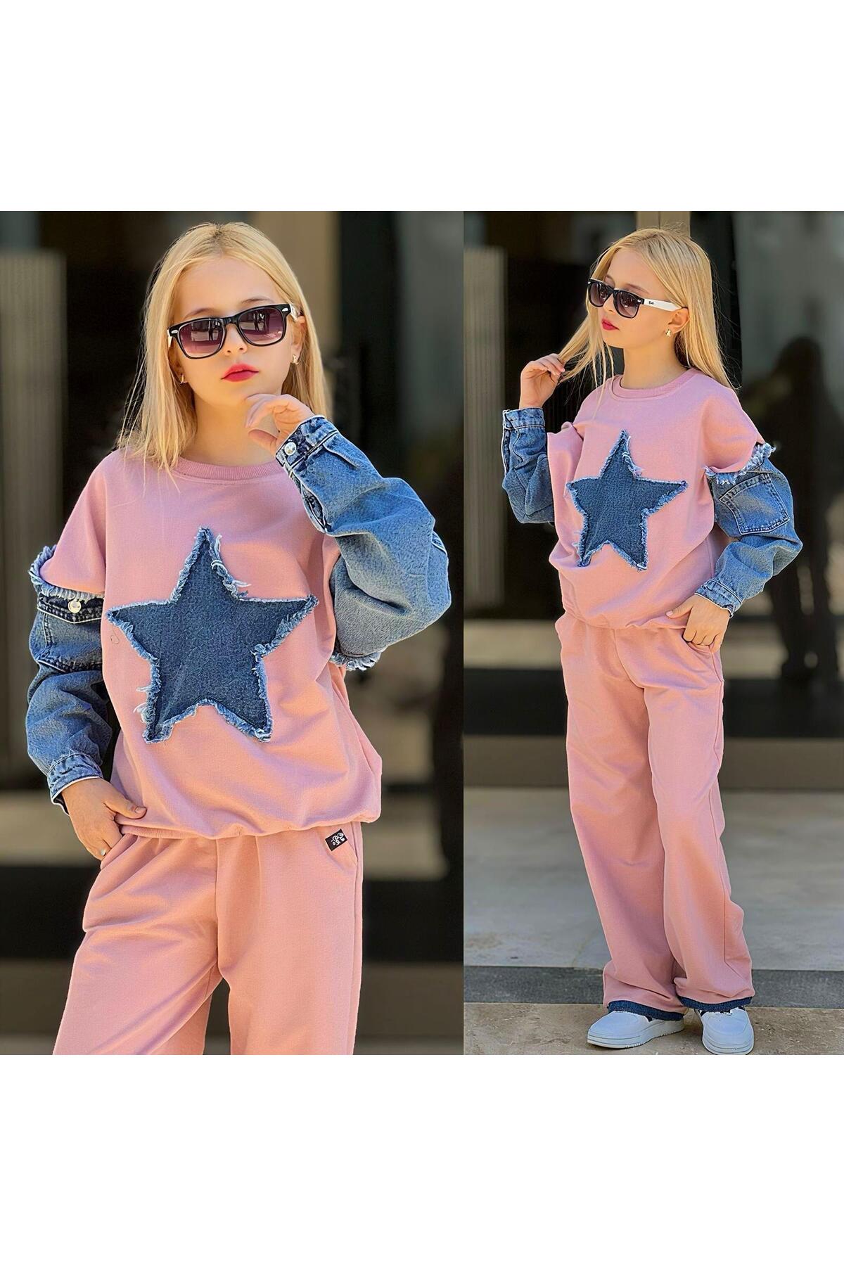 Girls Star Detailed Denim Balloon Sleeve Tracksuit Bottom Top Set 2591PE