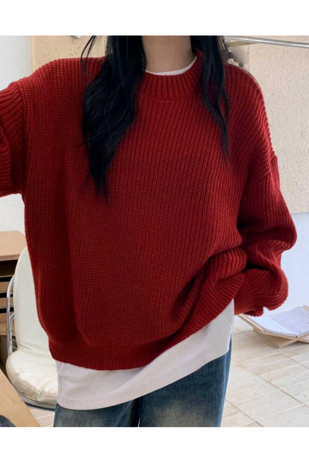 MODASPARK  Kırmızı Bisiklet Yaka Oversize Kadın Triko Kazak - Görsel 4