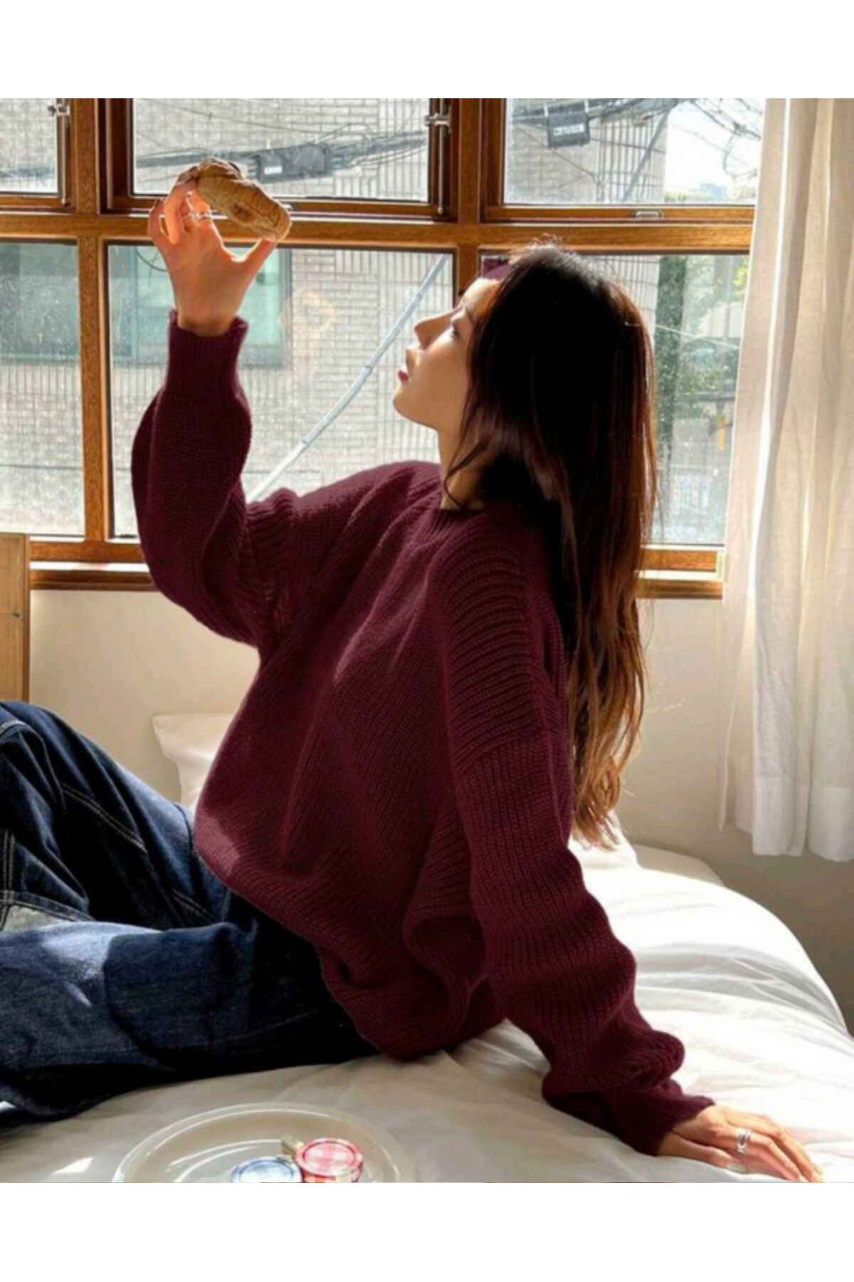 MODASPARK  Bordo Bisiklet Yaka Oversize Kadın Triko Kazak - Görsel 4