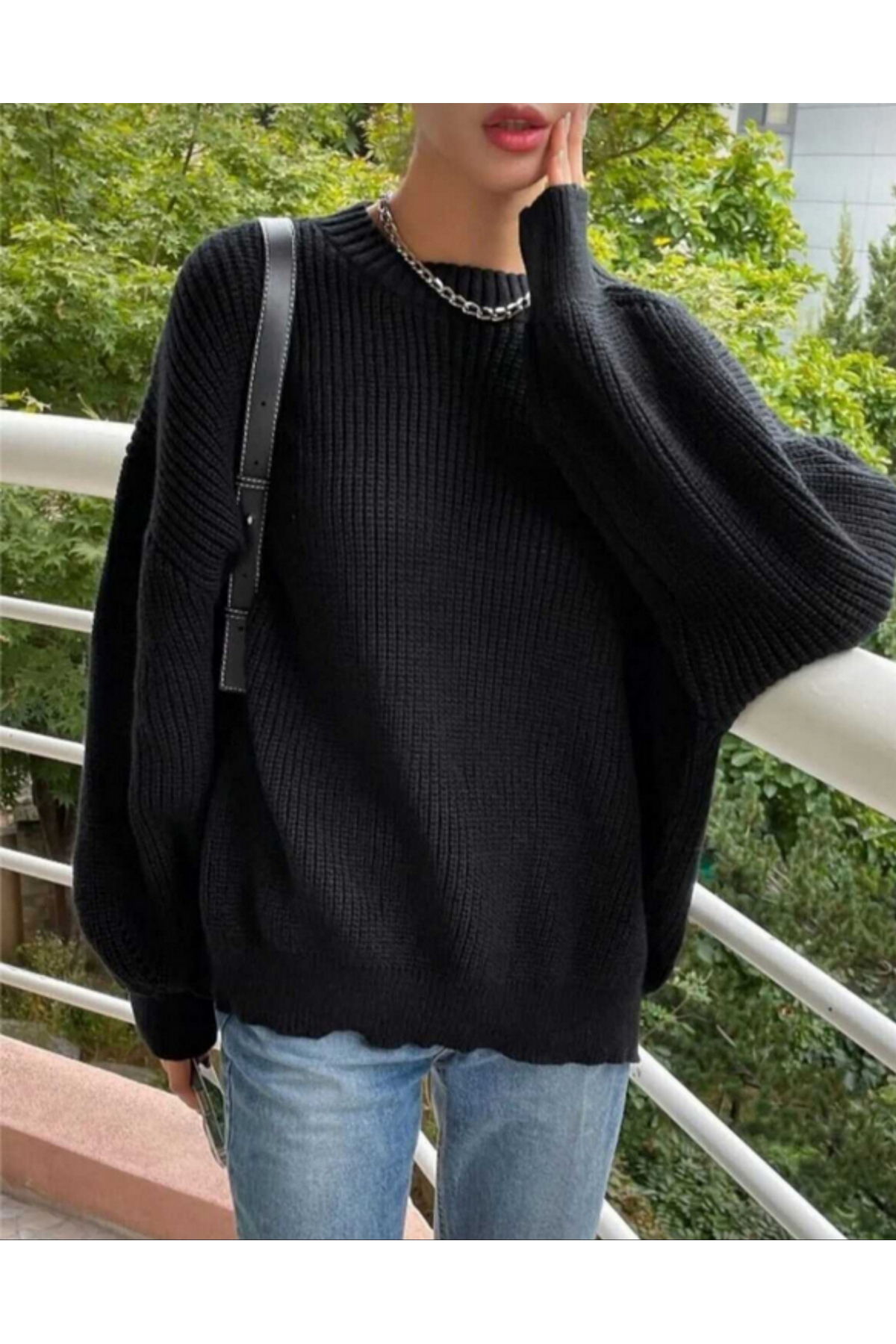 MODASPARK  Siyah Bisiklet Yaka Oversize Kadın Triko Kazak - Görsel 5