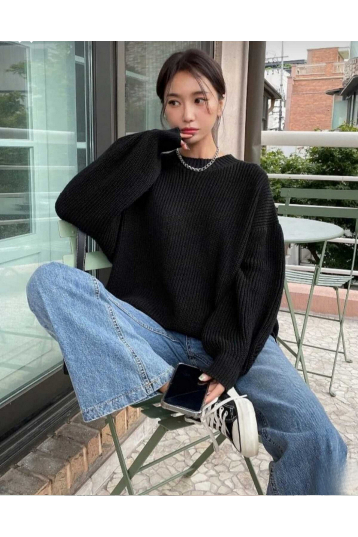 MODASPARK  Siyah Bisiklet Yaka Oversize Kadın Triko Kazak - Görsel 3