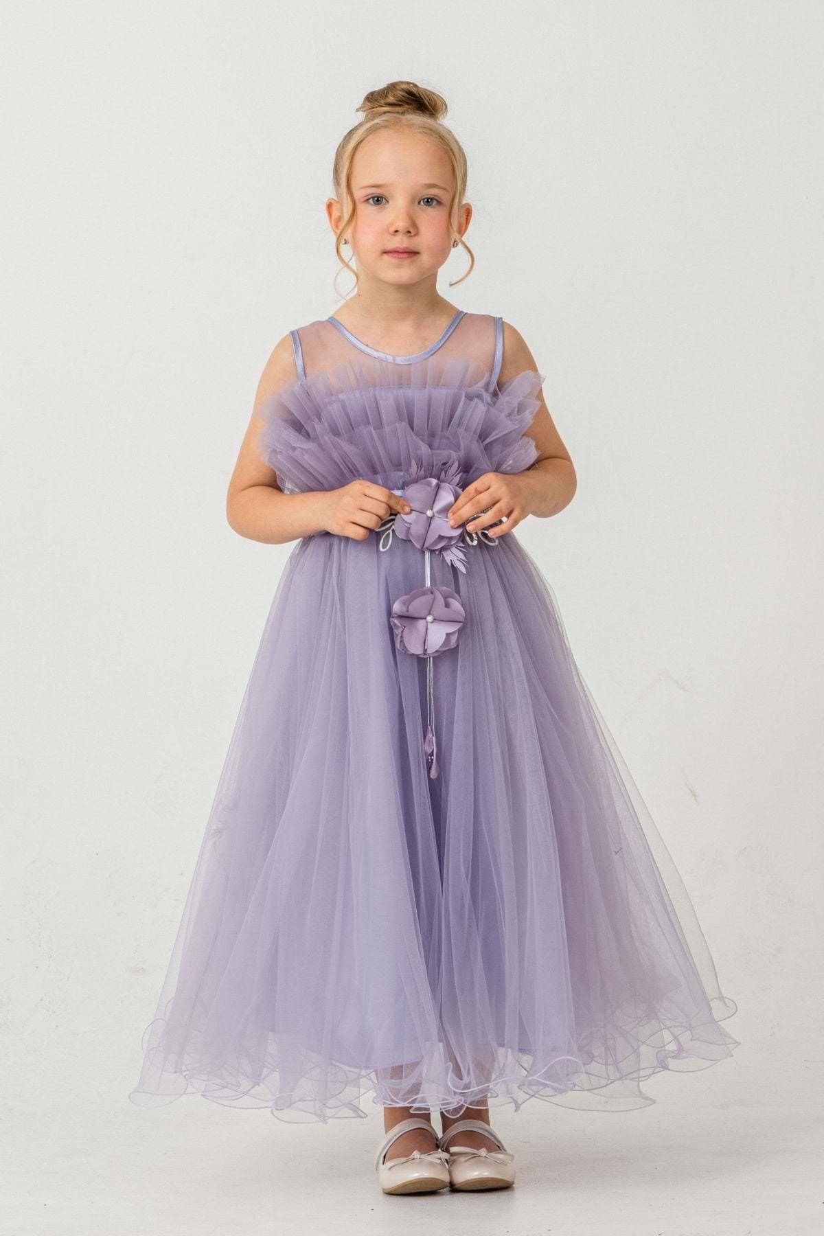 Mnk Baby&Kids Kız Çocuk Robası Katlı Özel Gün Abiye Elbise MNK0475 LİLA fotoğrafı 3 (önizleme)