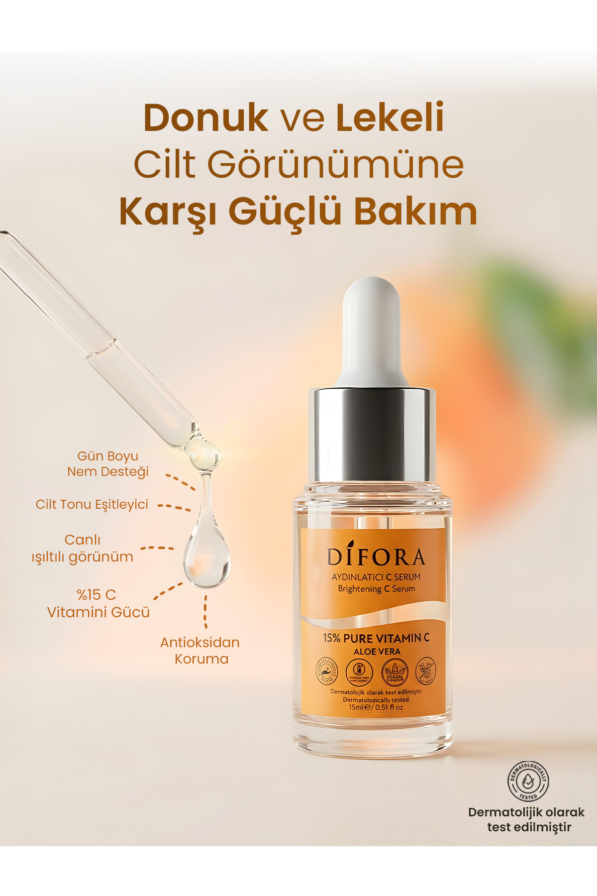 Leke Karşıtı Aydınlatıcı Nemlendirici Ton Eşitleyici C Vitamini Yüz Serumu 15 ml — Cilt Serumu 2212 — تصویر 6 از 9