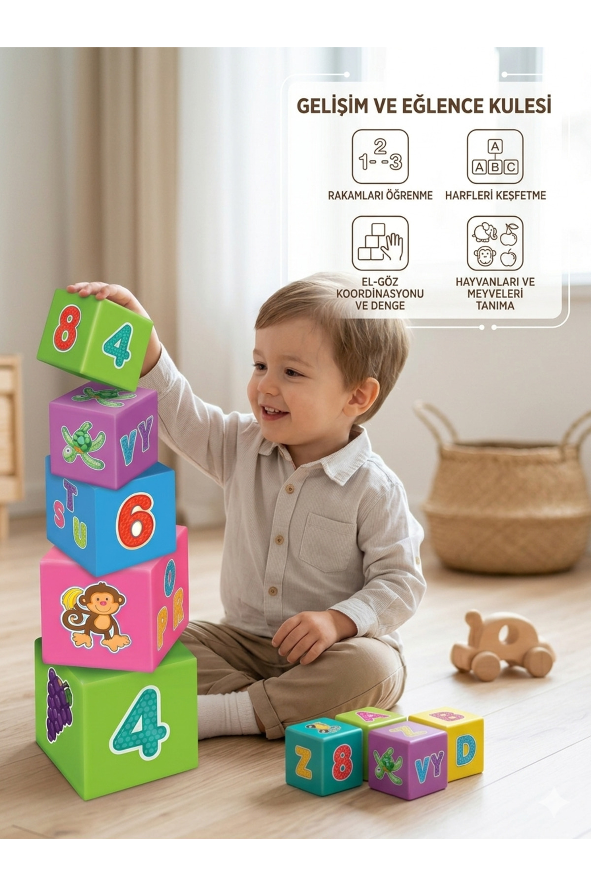 The Monarch Co Eğitici Denge Kulesi Oyunu - Zeka Geliştirici Harf ve Rakam Öğretici Renkli Küpler fotoğrafı 3 (önizleme)