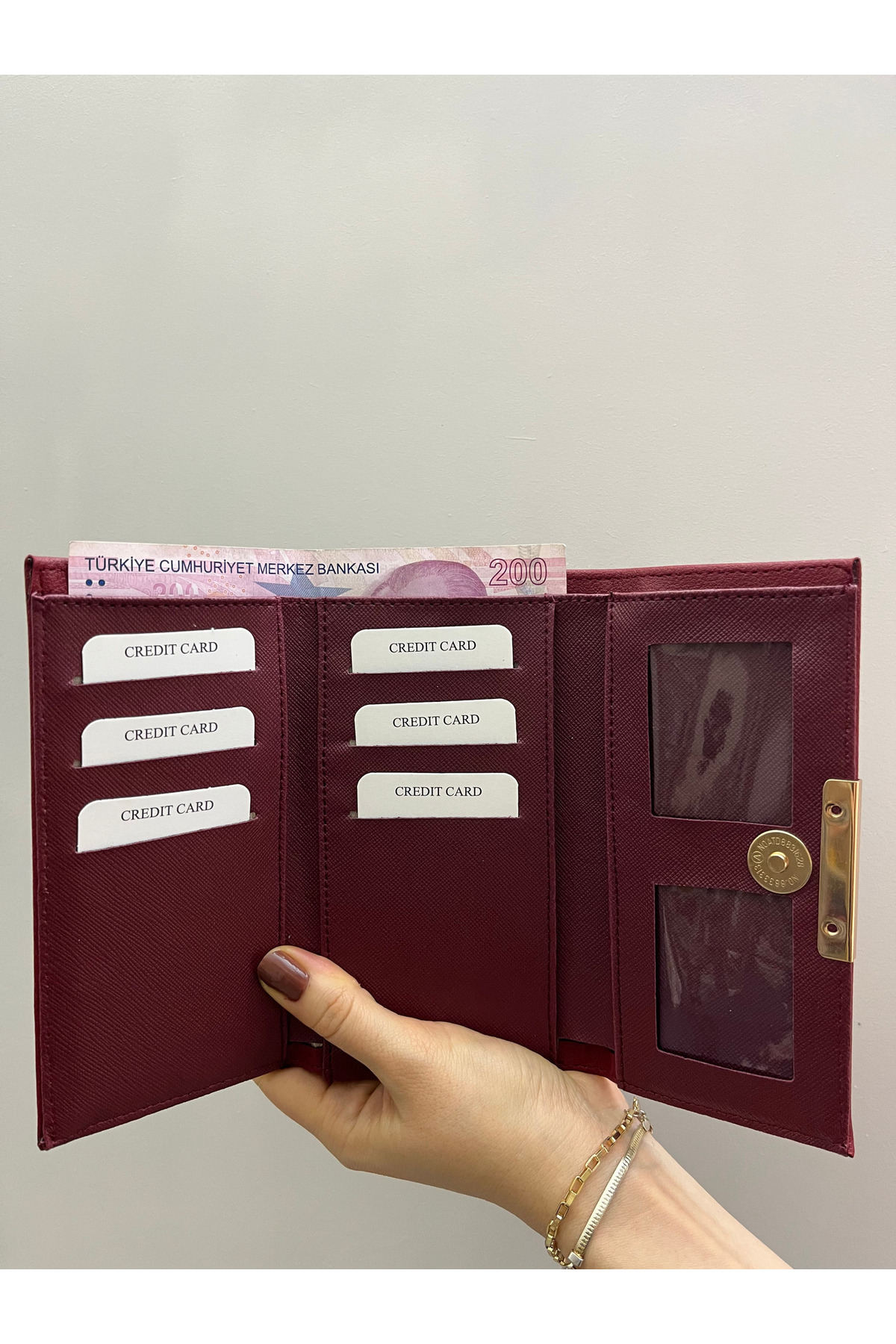 shiny ever  Bordo Yumuşak Deri Kadın Cüzdan El Çantası Gold Detaylı - Görsel 4