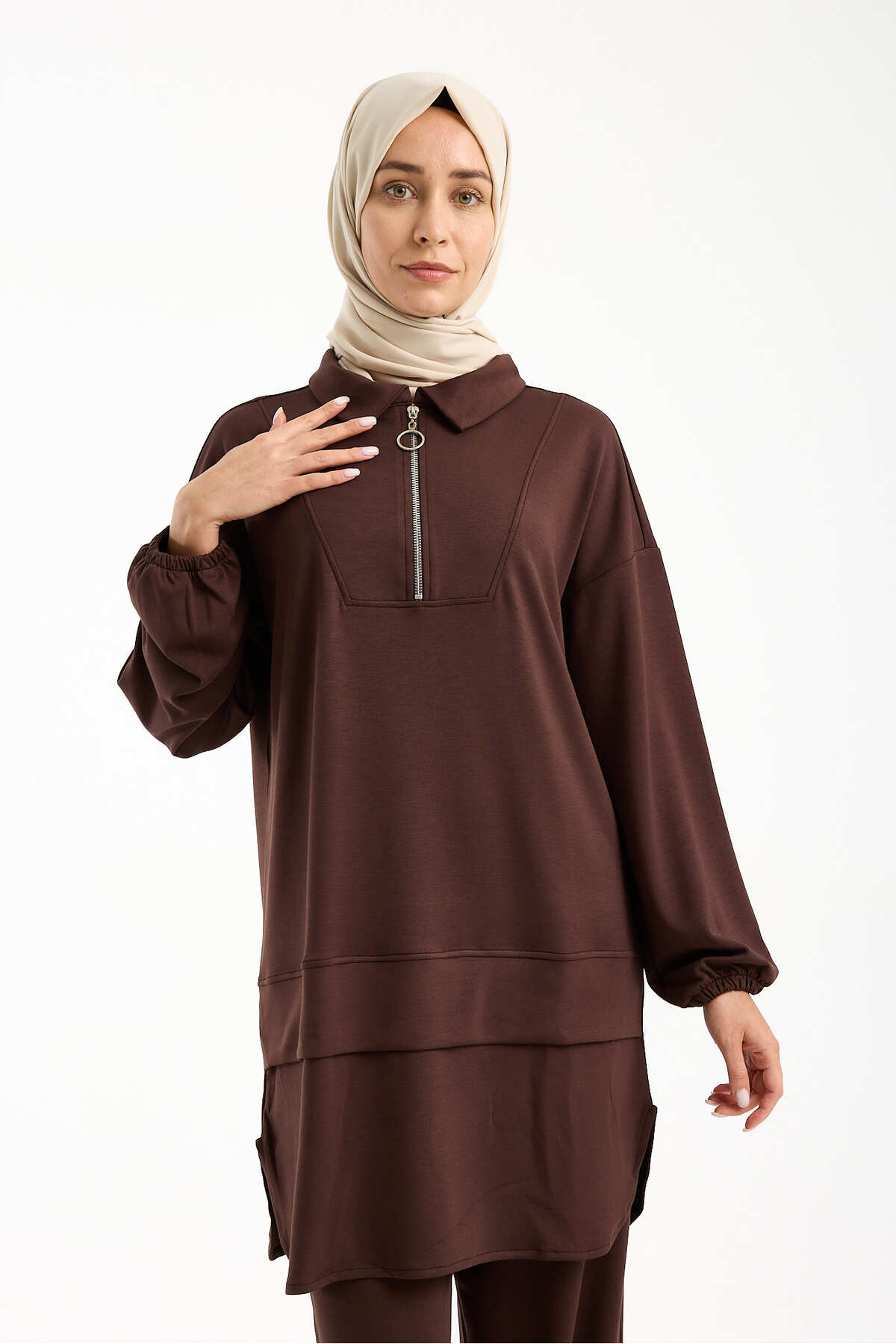 Kadın Premium Modal Kumaş İkili Takım – Rahat Kesim Tunik ve Pantolon - Kahverengi