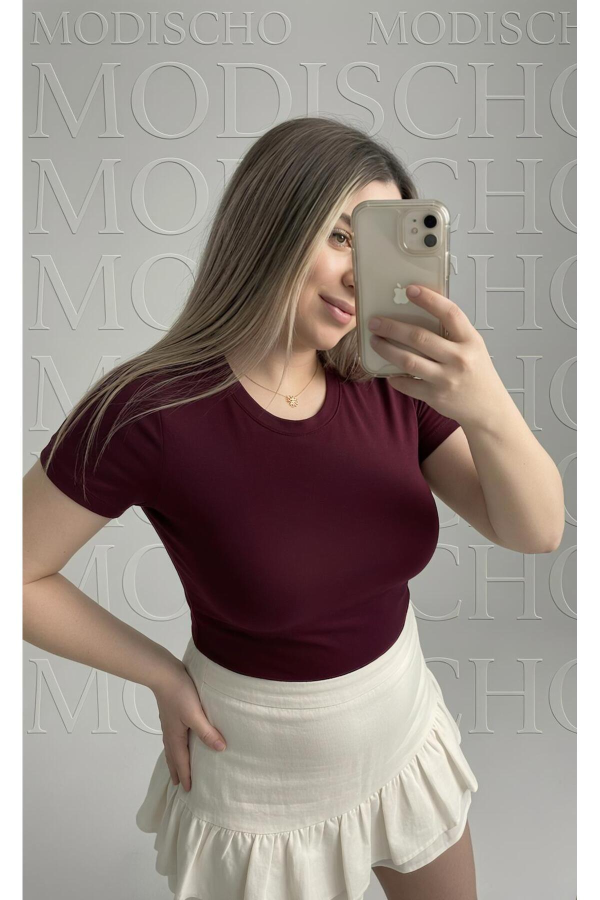 MODiSCHO Kadın Bordo Bisiklet Yaka Slim Fit Pamuklu Ultra Soft Likralı Kumaş Basic T-Shirt & Body görsel 7