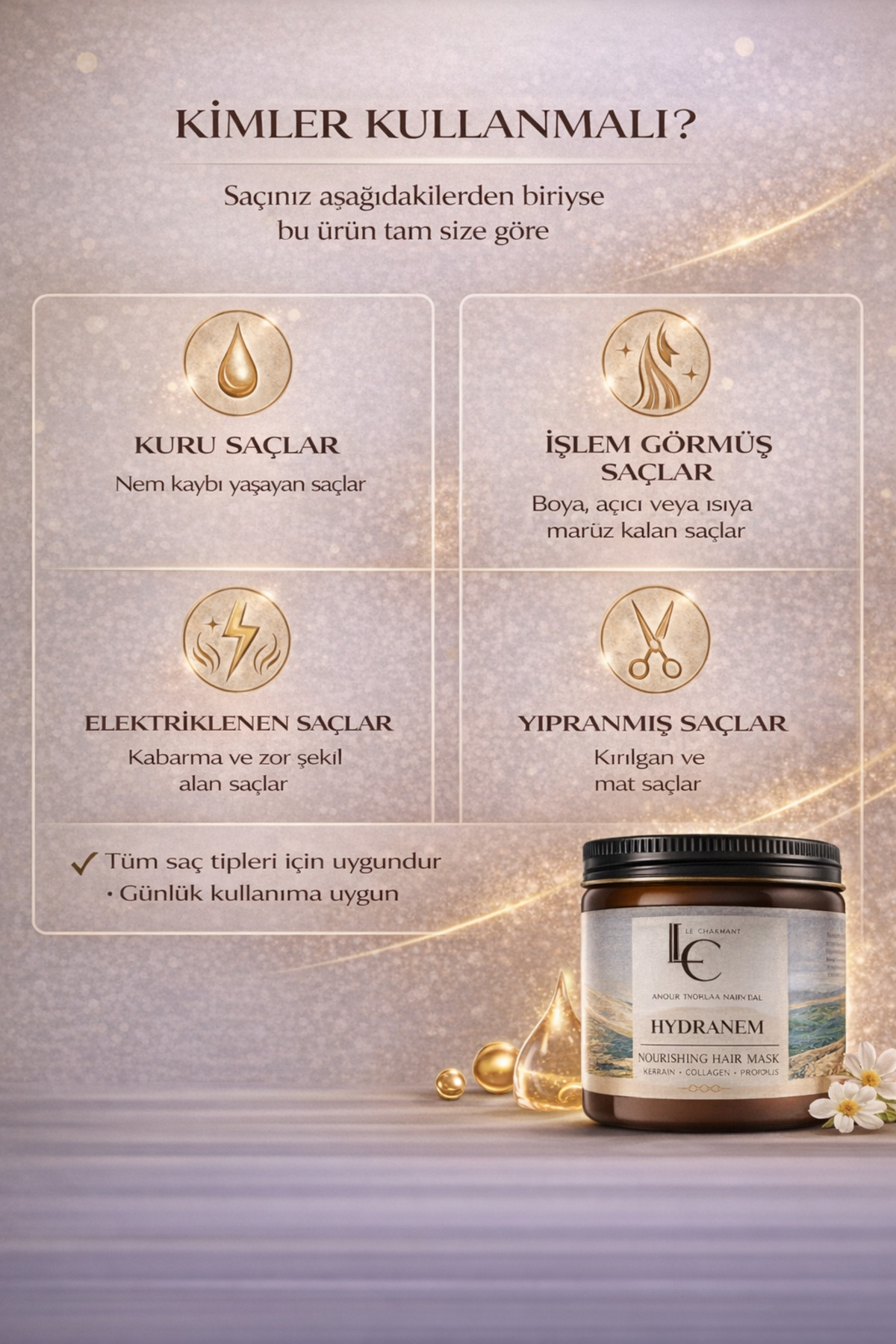Keratin Saç Maskesi 500 ml Yoğun Onarım & Güçlendirici Kolajen Propolis Profesyonel Bakım — LC-HYDRANEM-MASK-500 — تصویر 7 از 8