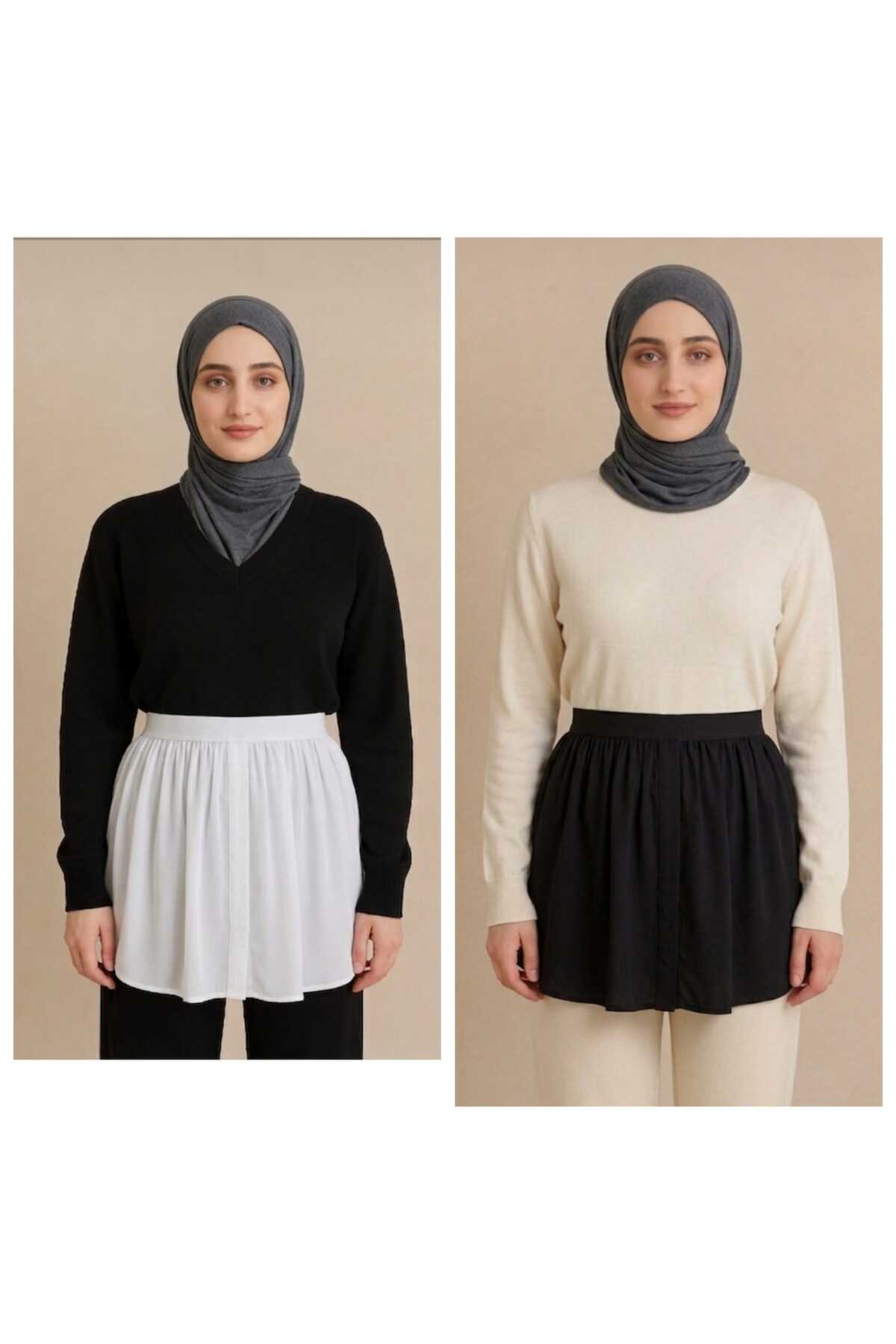 fh fashionhere Tesettür 2'li Paket Siyah-Ekru Kurtarıcı Uzatıcı Etek İçlik Kazak Altı Yarım Gömlek
