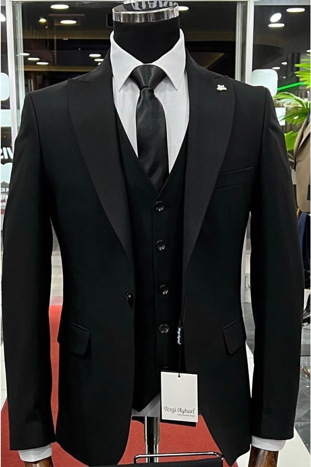 terzi ayhan Tailor Ayhan Full Black Set 5-Button Vest Slim Fit Suit – Slim Fit, choose 1 size larger.
