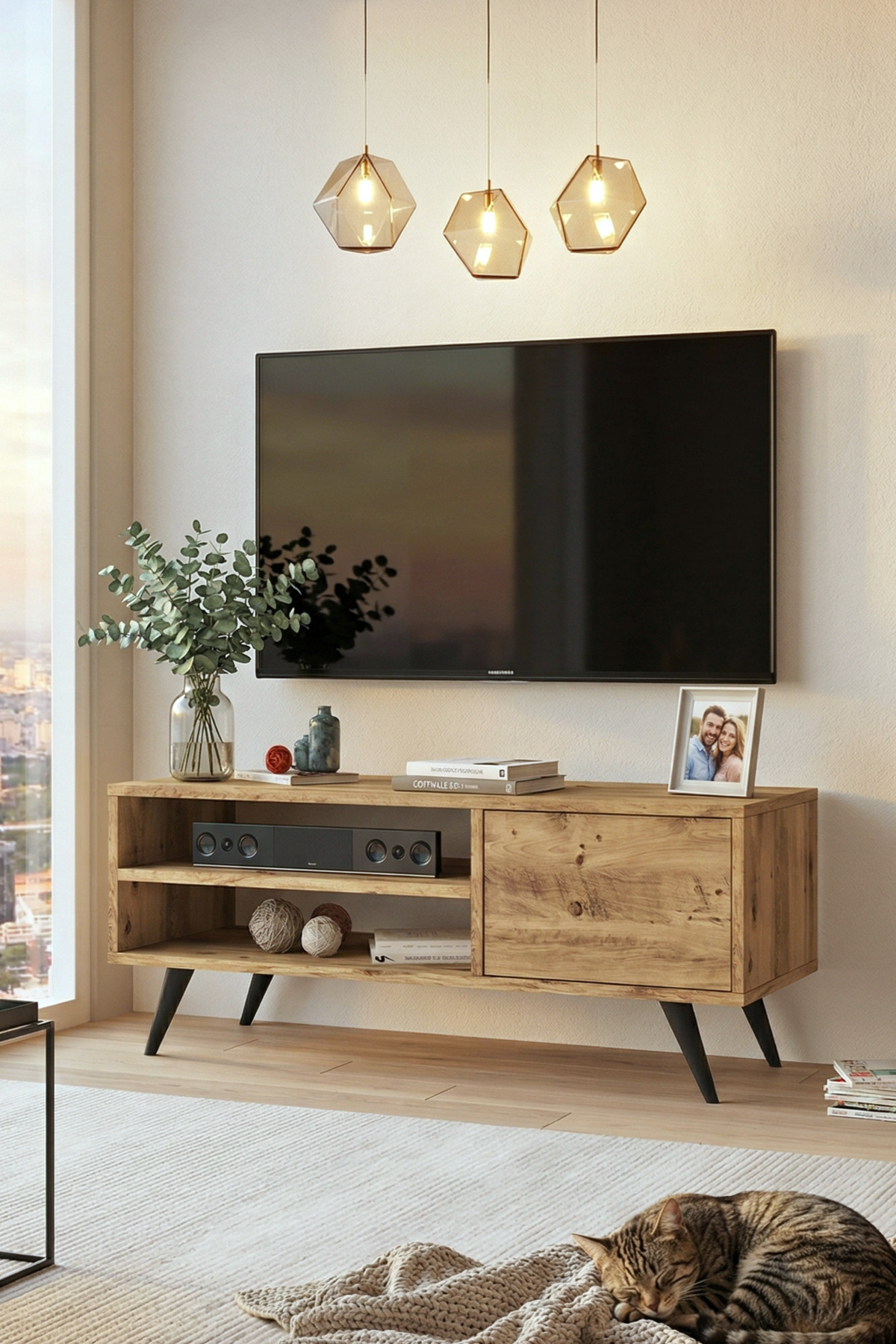 Yurudesign Cloud Tv Ünitesi Tv Sehpası Ahşap Ayaklı 110cm Çam Cd1