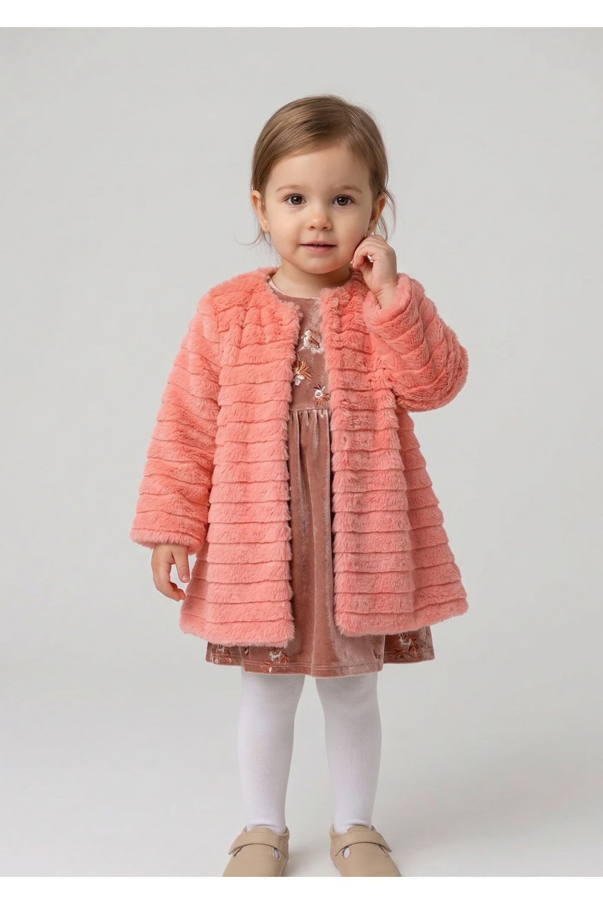 İnce Bebe Kız Çocuk Çizgili Peluş Mont Somon 1-4 Yaş fotoğrafı 2 (önizleme)