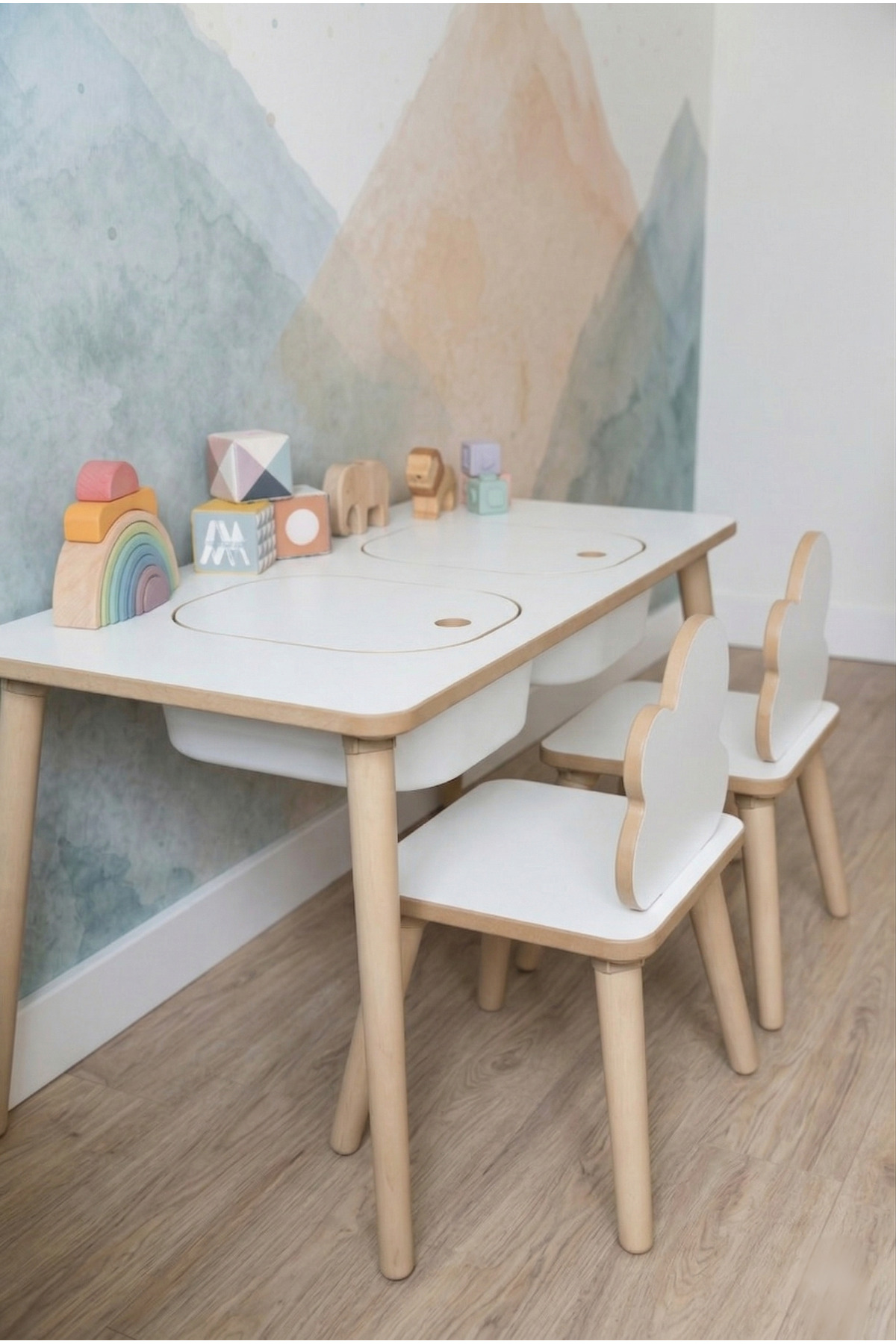 POFİTTO Montessori Çocuk Masası-oyun Masası-aktivite Masası-etkinlik Masası Takımı 2 Bulut Sandalye fotoğrafı 2 (önizleme)