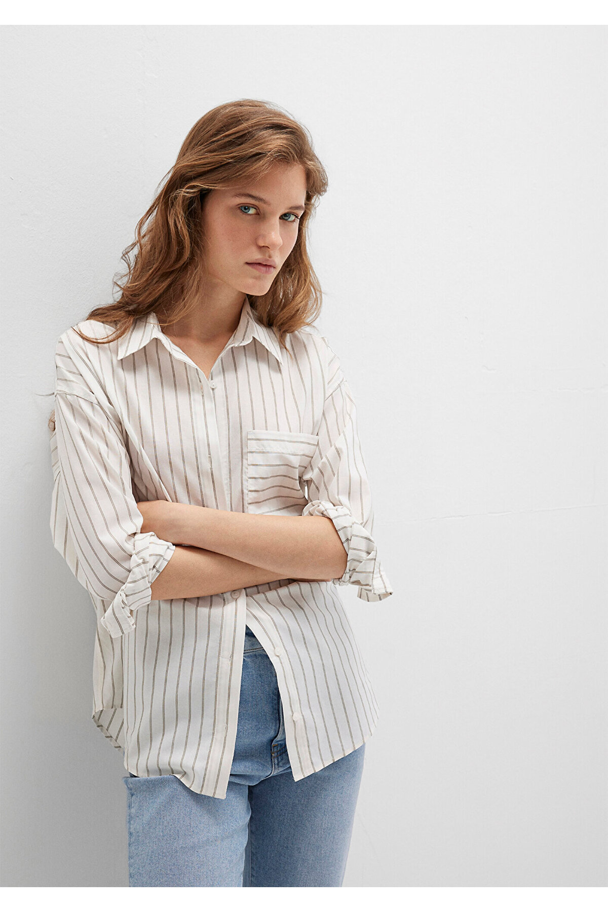 Mavi Çizgili Ekru Gömlek Loose Fit / Bol Rahat Kesim 1211201-83926 — بژ