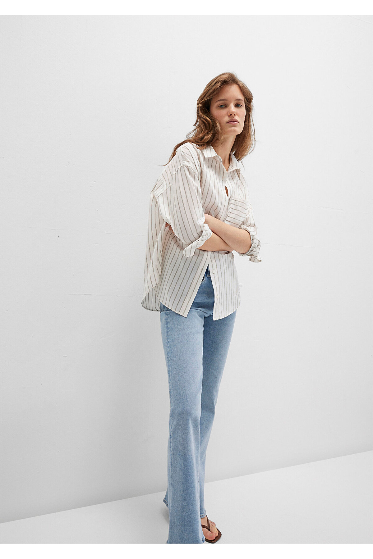 Çizgili Ekru Gömlek Loose Fit / Bol Rahat Kesim 1211201-83926 — بژ — تصویر 2 از 8