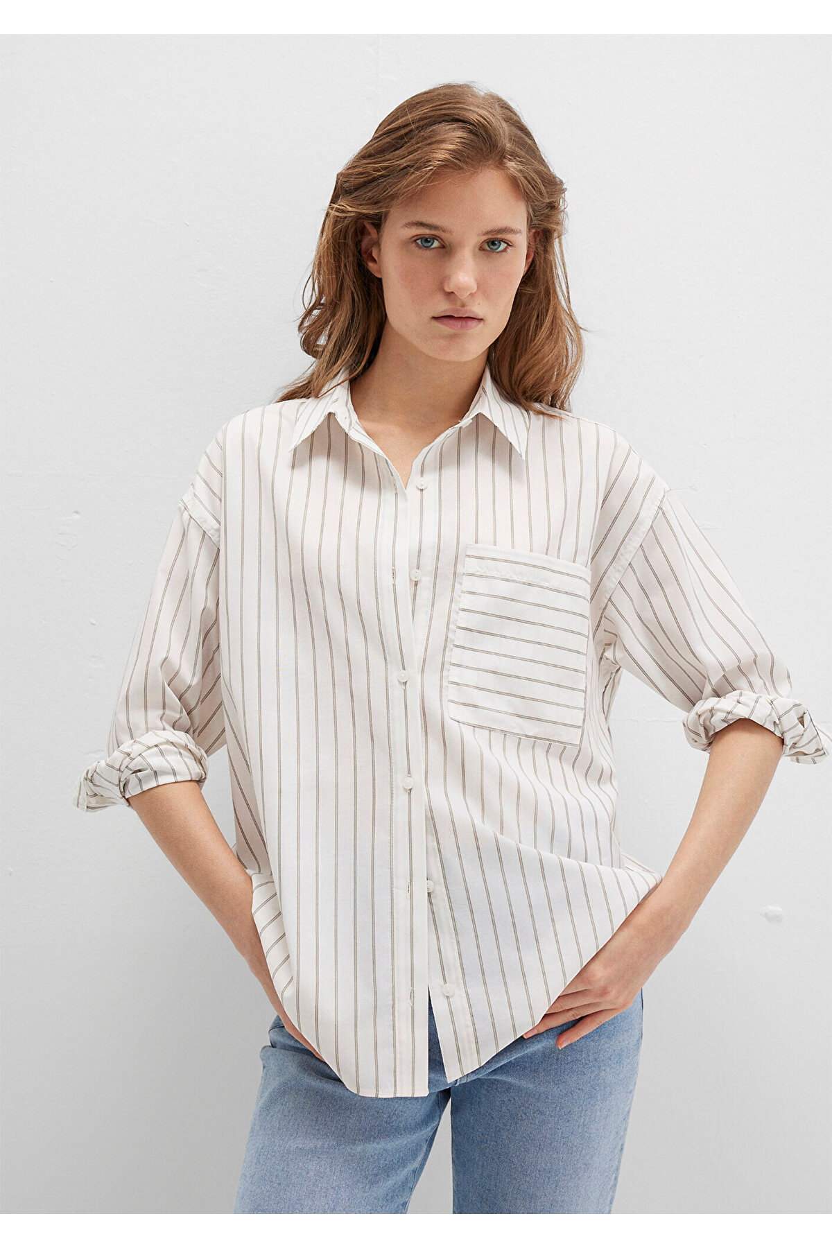 Çizgili Ekru Gömlek Loose Fit / Bol Rahat Kesim 1211201-83926 — بژ — تصویر 3 از 8
