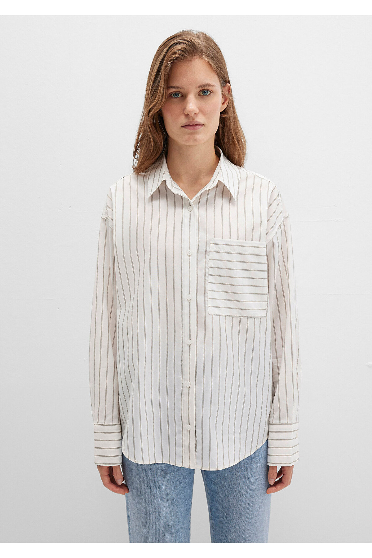 Çizgili Ekru Gömlek Loose Fit / Bol Rahat Kesim 1211201-83926 — بژ — تصویر 5 از 8