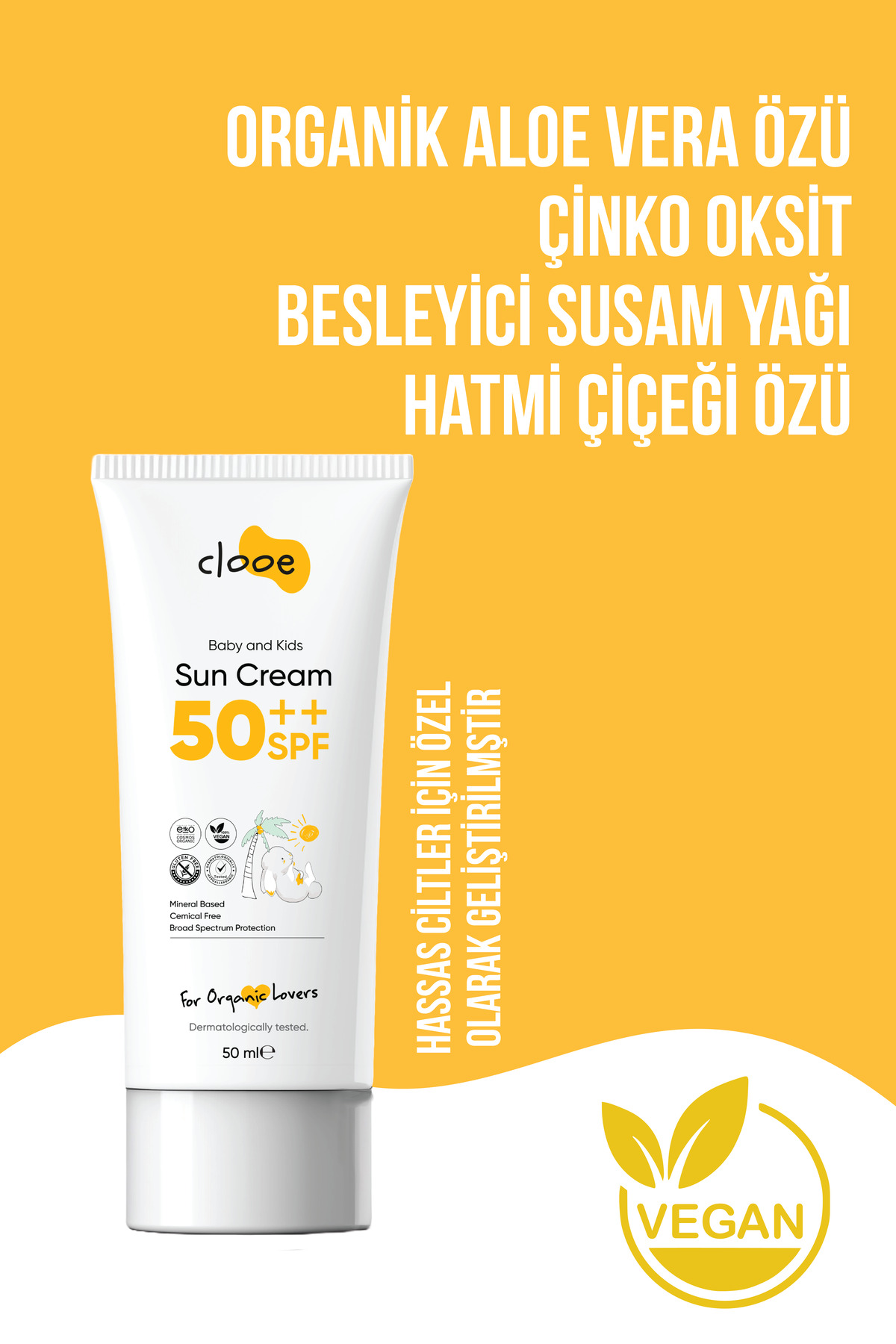 2'li Bebek & Çocuk Güneş Kremi SPF 50++ 50 ml - Mineral Filtreli - Yüksek UVA & UVB Koruması - Organik -Glutensiz - Yüz ve Vücut İçin — PKA016 — تصویر 3 از 6