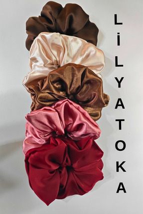 LİLYA Kadın 5li Çapı 15 Cm Saten Saç Lastik Simit Scrunchi Toka Seti