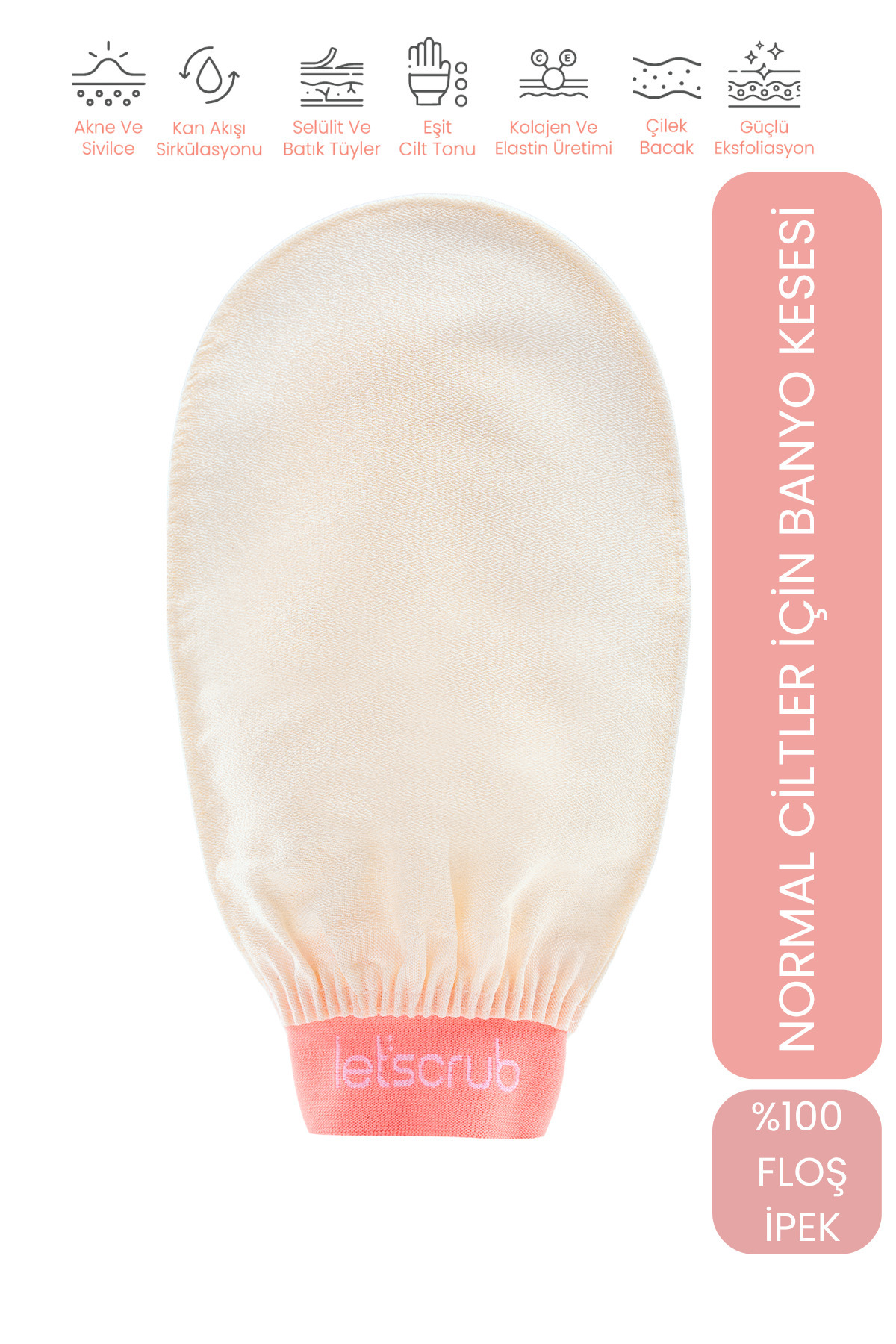 LET'SCRUB 1 Adet Ekru Banyo Duş Kesesi Peeling Eldiveni %100 Floş Ipek Normal Ciltler Için