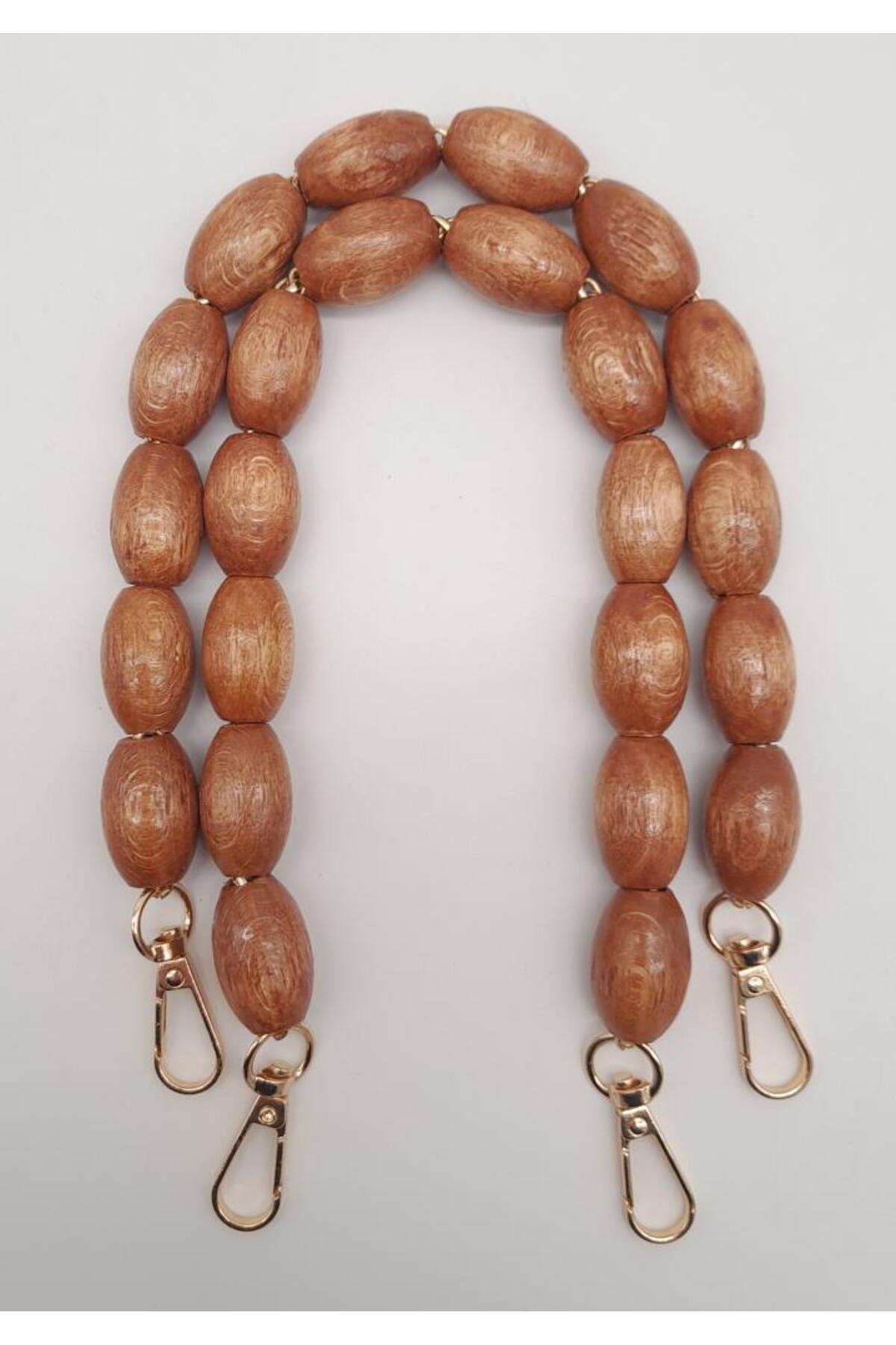 Angel Bag Accessory 40 cm Wooden Oval Beaded Tan Color Double Handle with Hook Light Gold Metallic