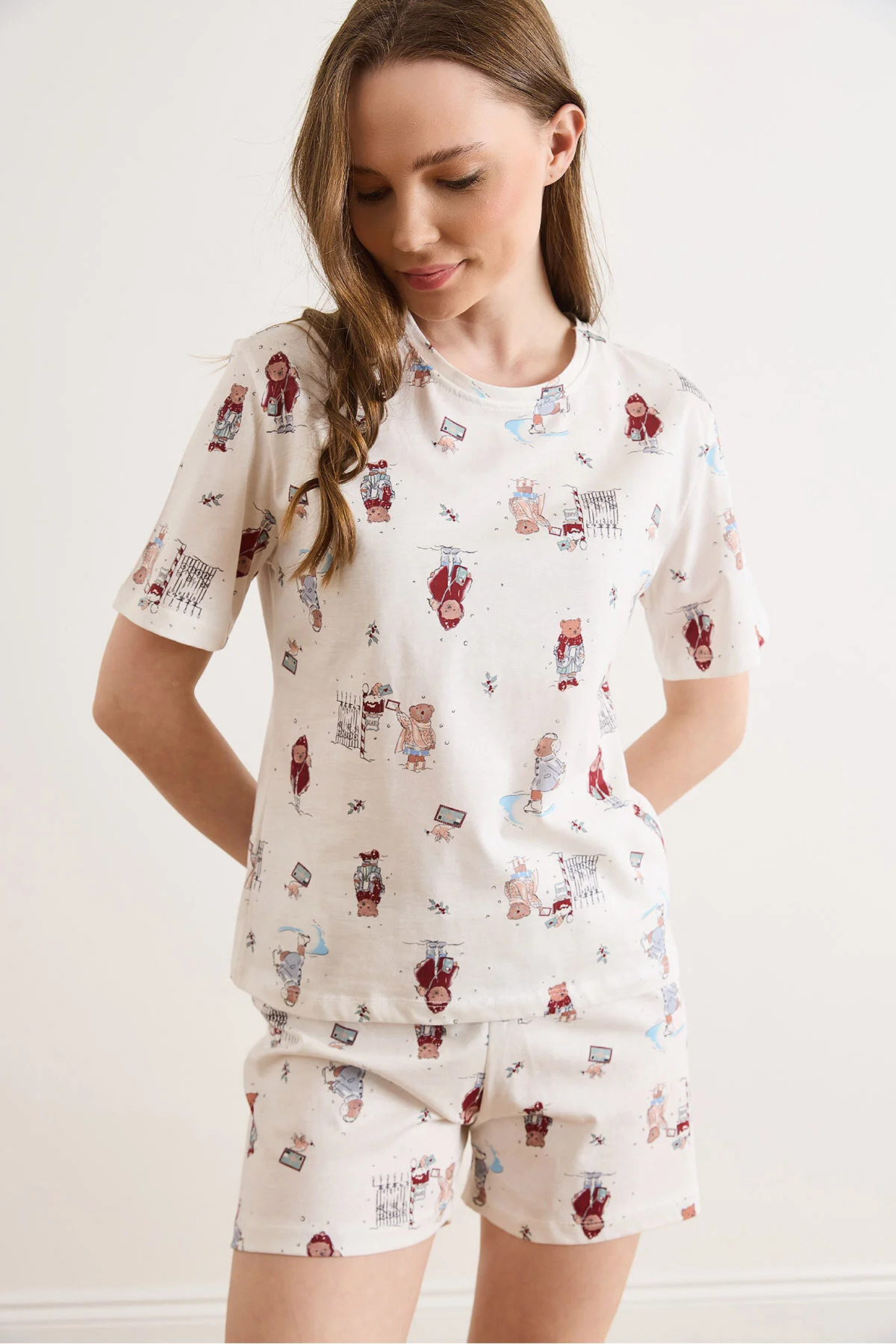 Olalook Women's Teddy Bear White 100% Cotton Shorts Pajama Set Pjm-00000027