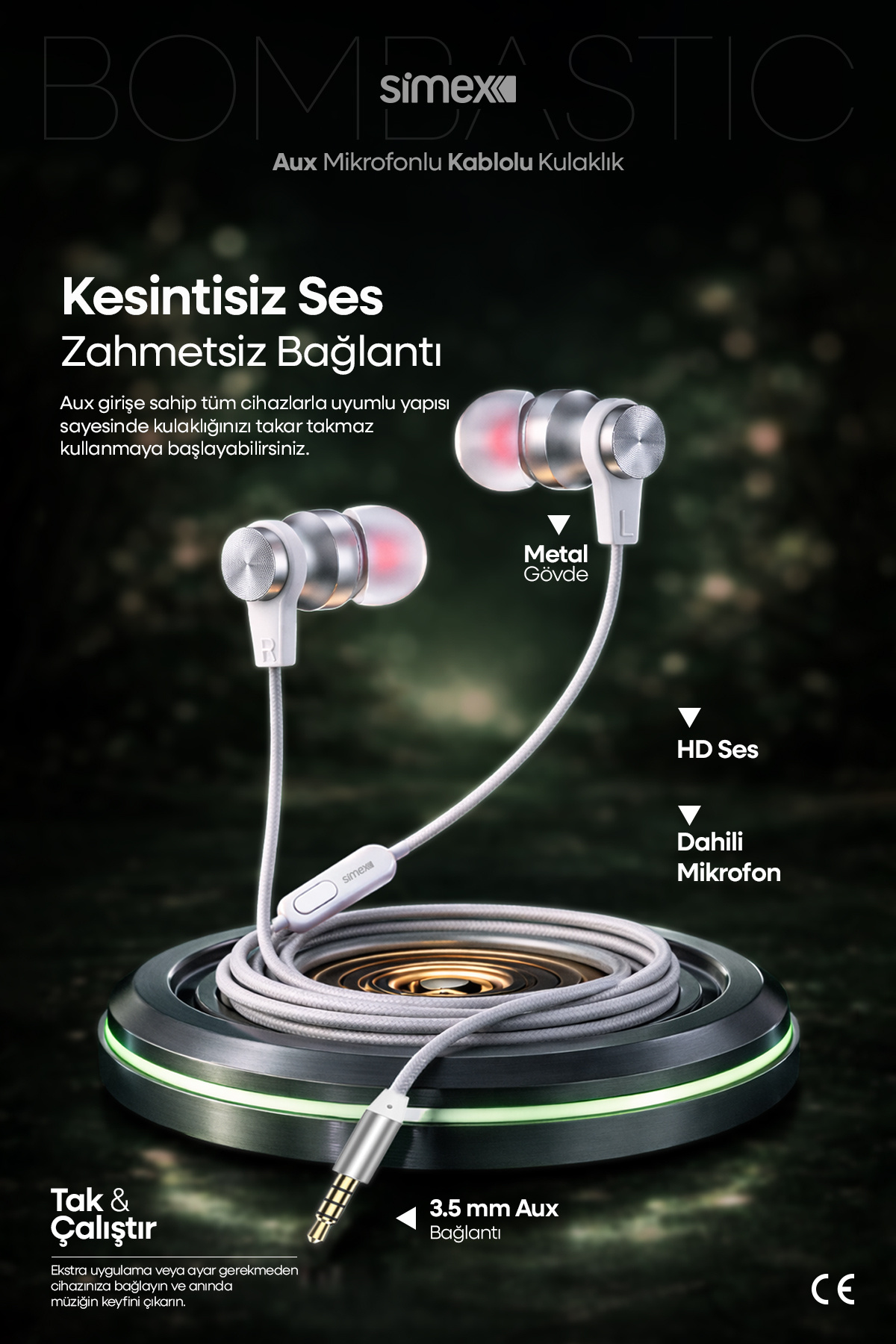 3.5 mm Jack Cable In-Ear Earphone with Microphone - High Bass Daily Use Spd-04 Gray/White