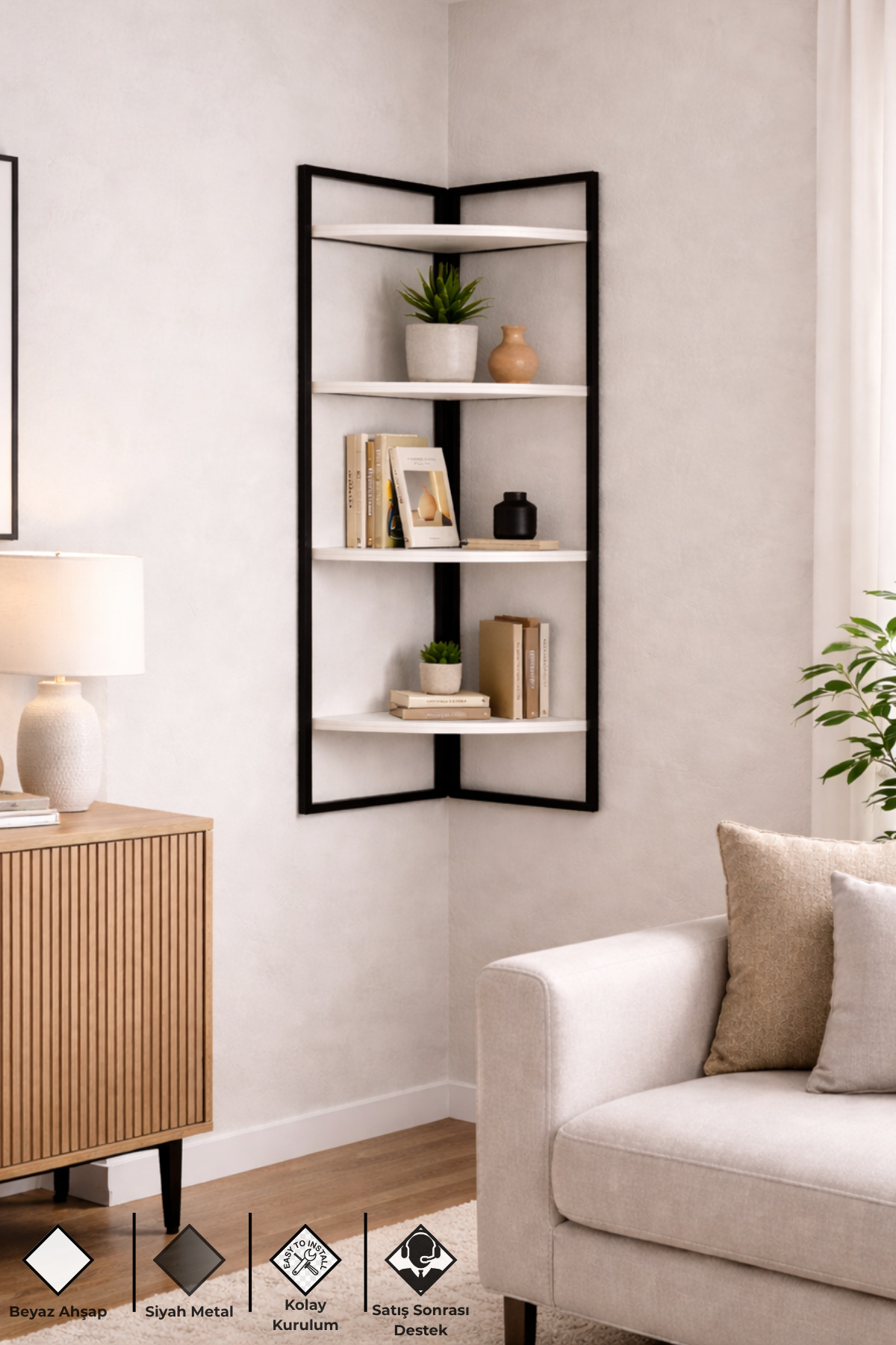 Corner Wall Shelf, 4 Tiers ,Black Metal, Modern Decorative Wall Mounted Shelf, Bookcase, White Wood