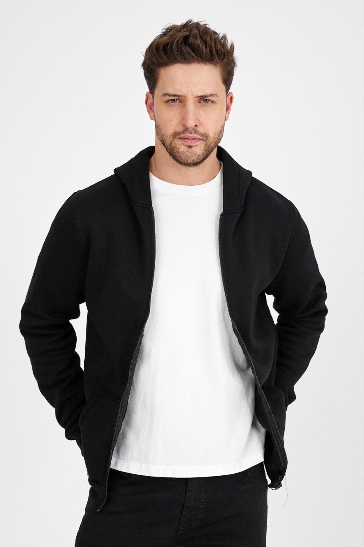 CLIPMAN  Erkek Slim Fit Örgü 3 İplik Fermuarlı Polar Hırka Siyah - Görsel 4