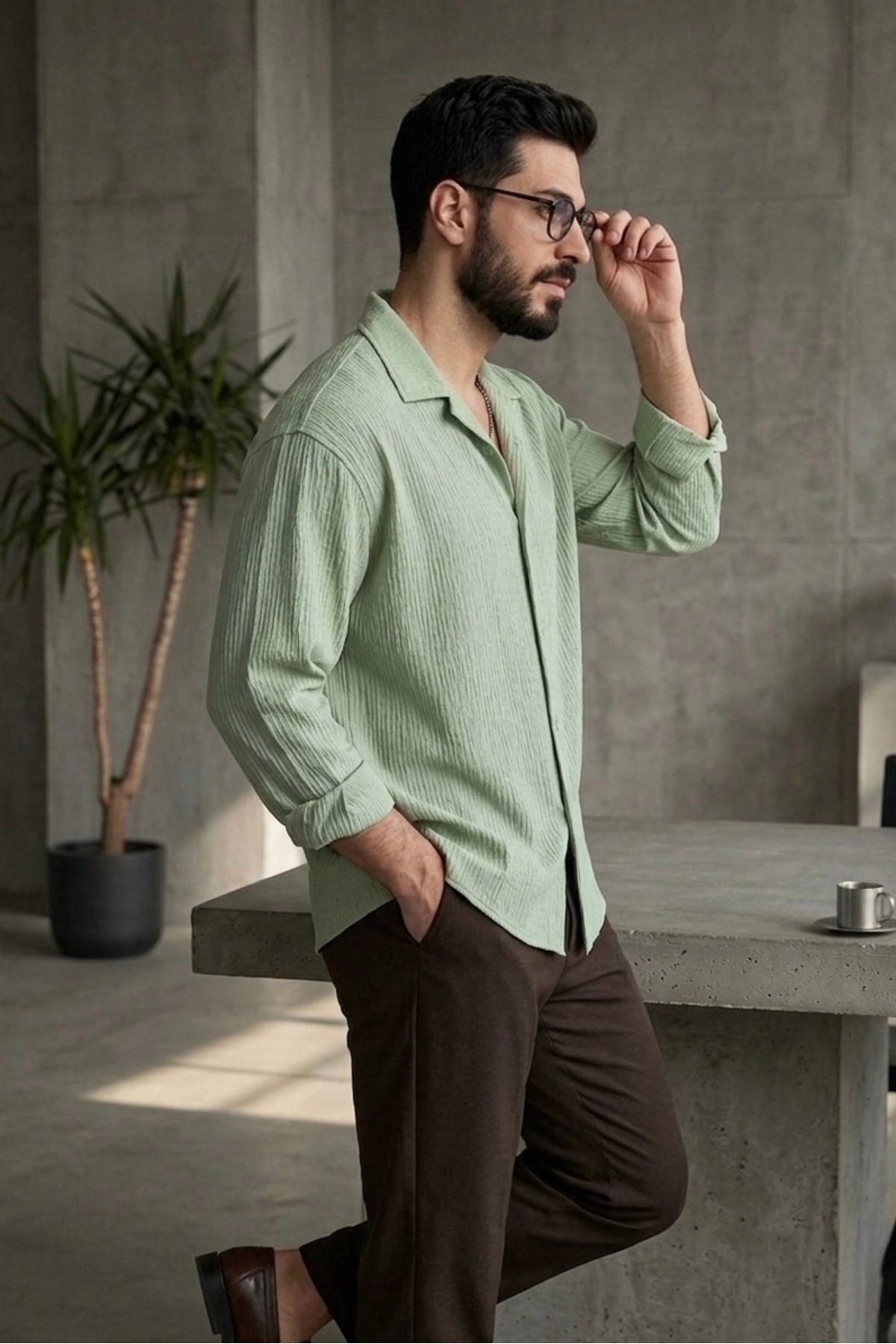 bb butik basic Ütü istemez Bürümcük oversize kalıp gömlek SU YEŞİLİ görsel 3