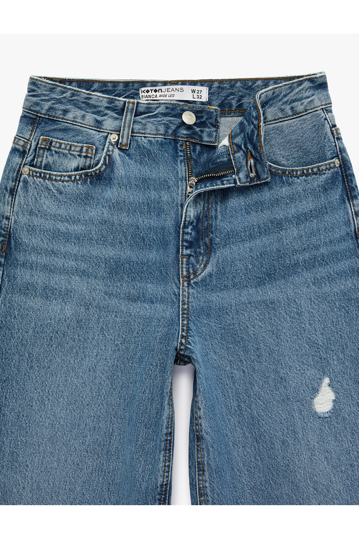 Koton Pamuklu Yüksek Bel Yıpratılmış Geniş Paça Denim Pantolon - Wide Leg Jeans görsel 8
