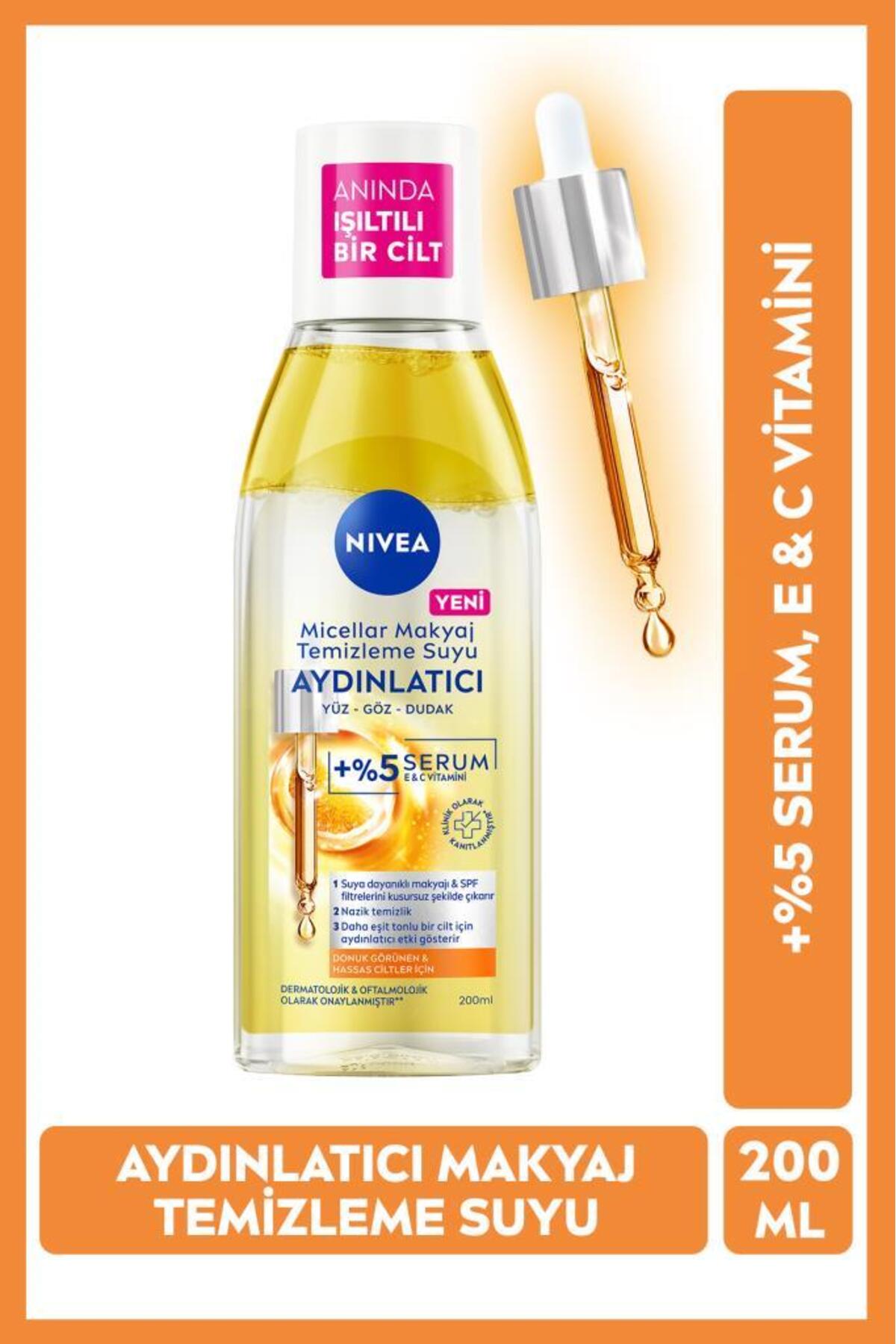 NIVEA Aydınlatıcı Micellar Makyaj Temizleme Suyu 200ml, Serum Etkili, C Vitamini,Parlak Cilt