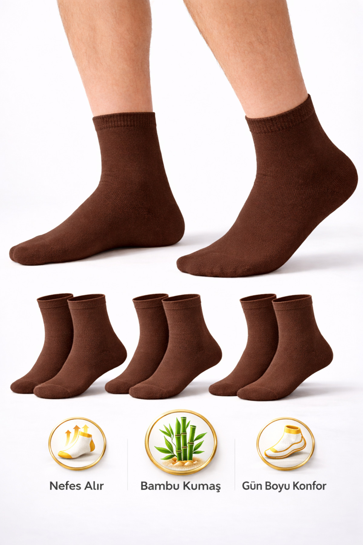 Erkek Kısa Konç Bambu Çorap 3’lü Dikişsiz Terletmeyen Ultra Yumuşak Nefes Alabilir Premium Çorap Kahve