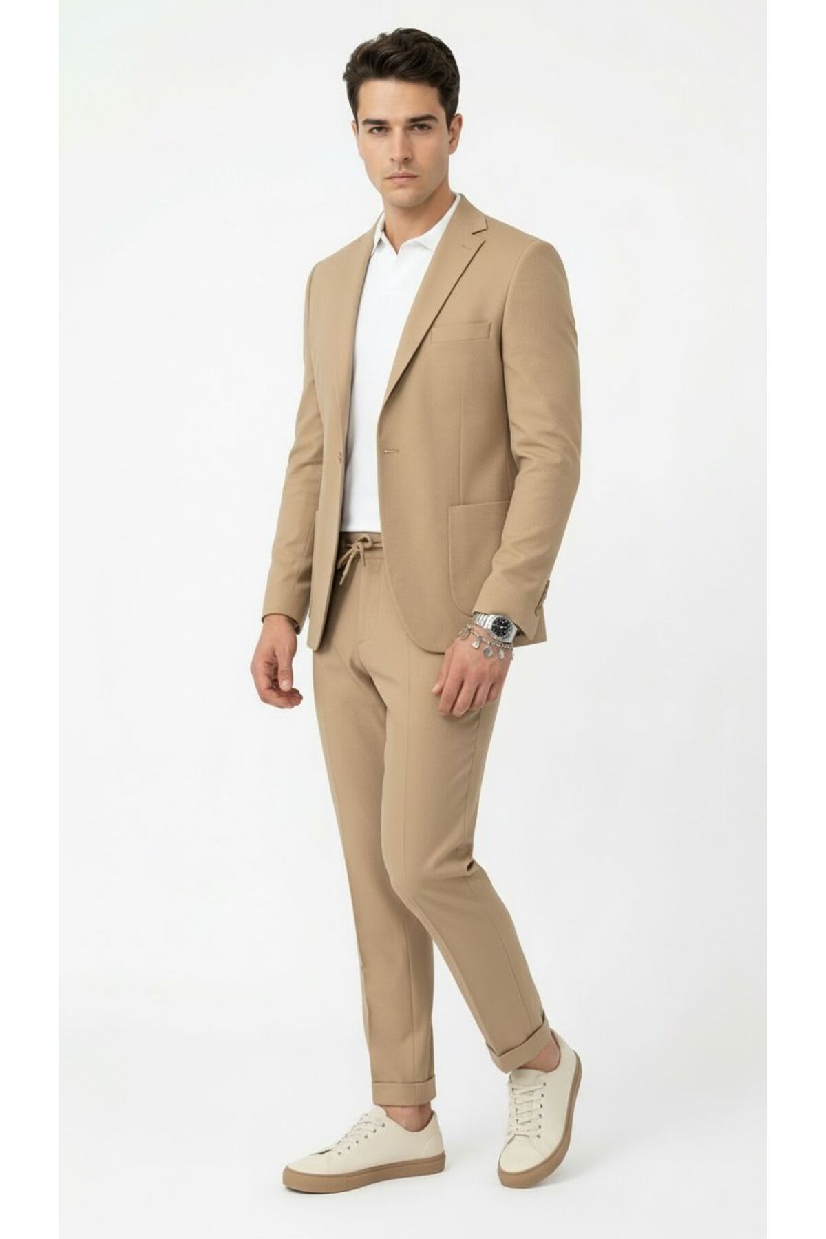 Pike Kumaş Jogger Pantolonlu Erkek Takım Elbise – Torba Cepli Tek Düğme Slim Fit Kombin — بژ TR-58595653521 — تصویر 4 از 8