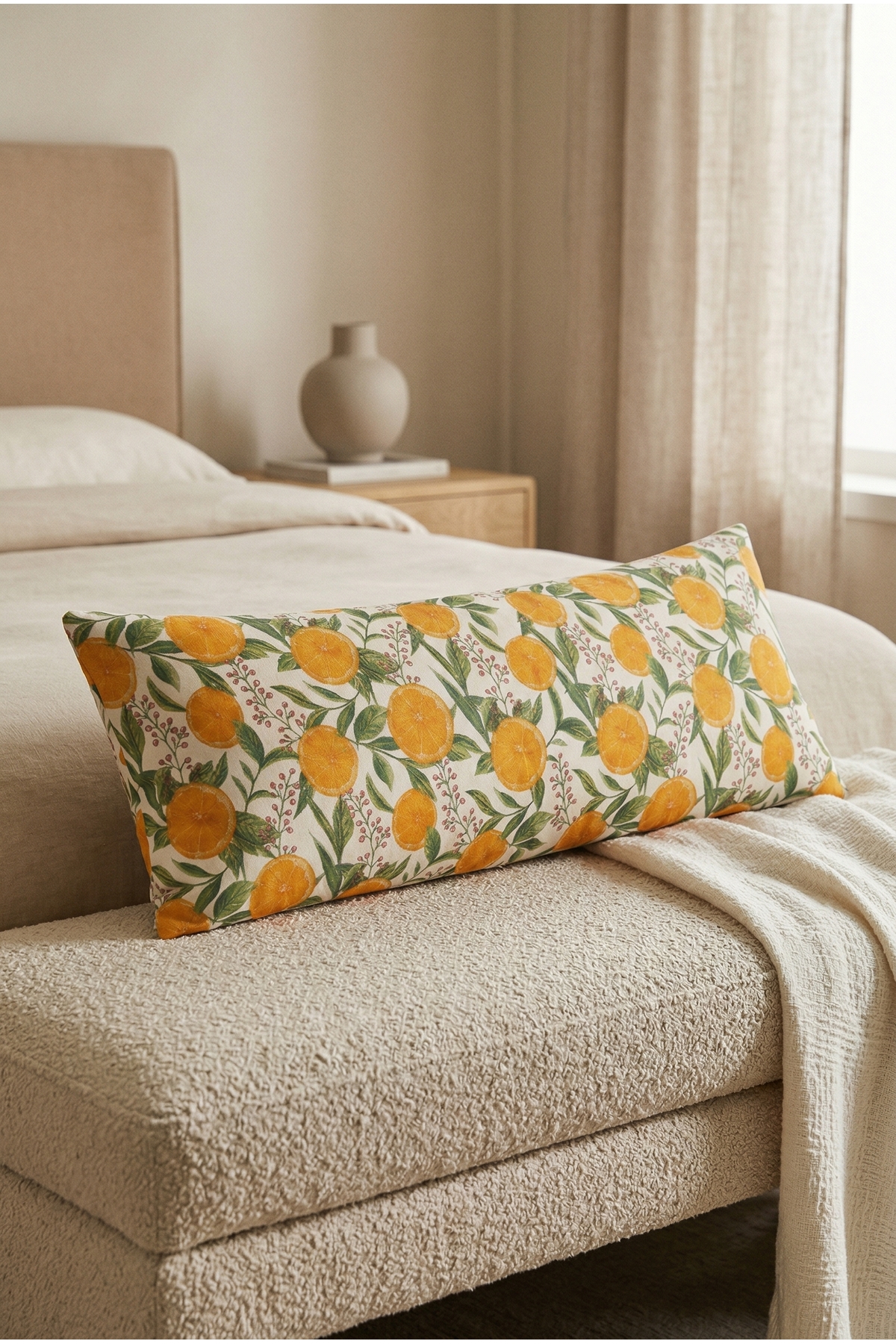 NESCO Portakal Desenli Dolgulu Uzun Yastık 50x150 cm %100 Pamuk Yan Yatış Hamile Yastığı Dekoratif Kırlent fotoğrafı 5 (önizleme)