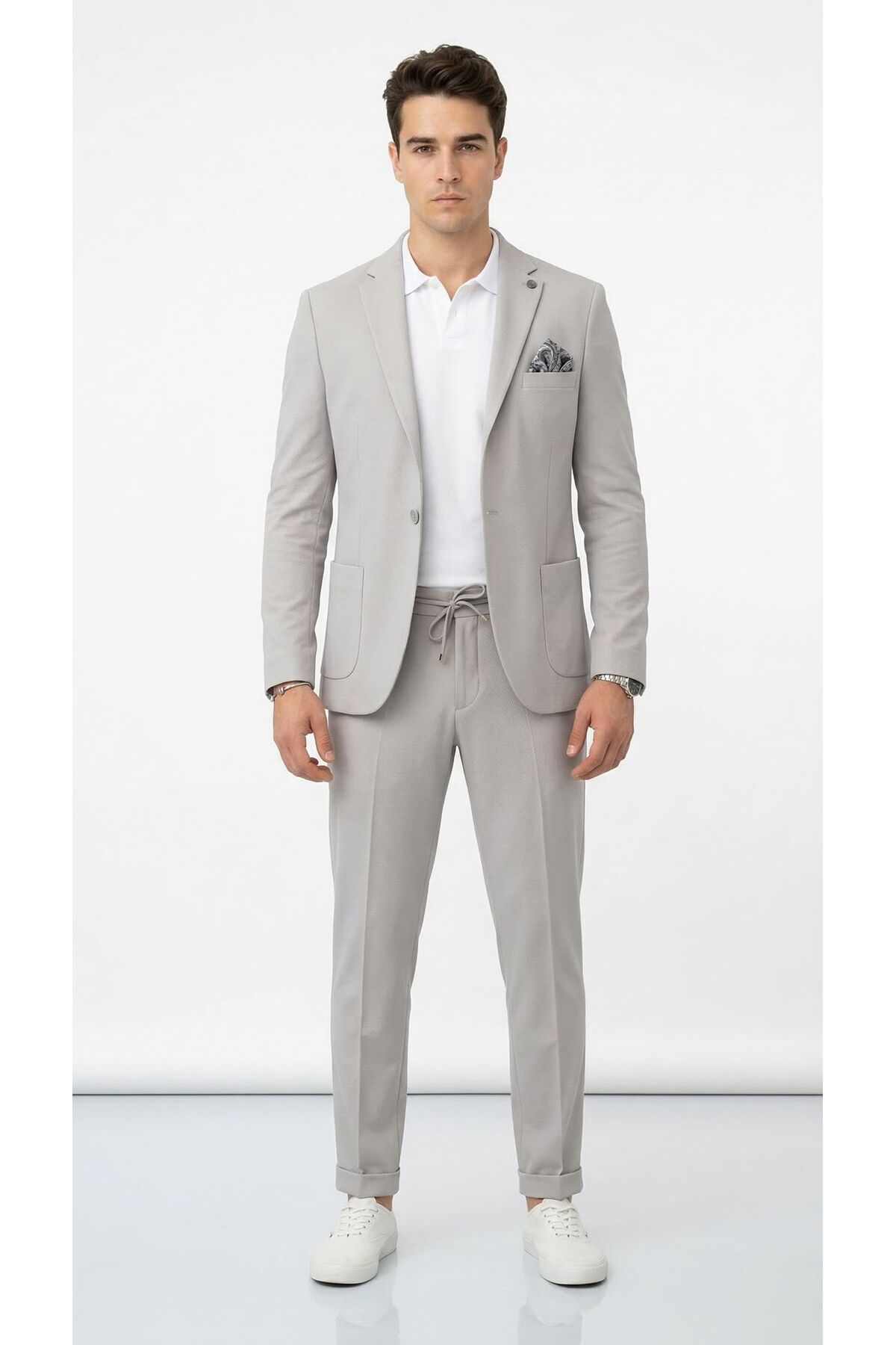 Plus Scorpion Pique Fabric Men's Suit with Jogger Pants – Single Button Slim Fit Combination with Pocket Pockets