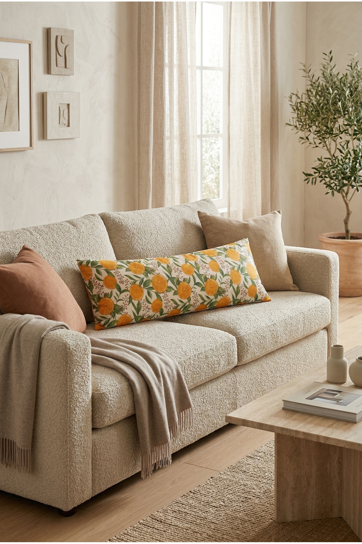 NESCO Portakal Desenli Dolgulu Uzun Yastık 50x150 cm %100 Pamuk Yan Yatış Hamile Yastığı Dekoratif Kırlent fotoğrafı 4 (önizleme)