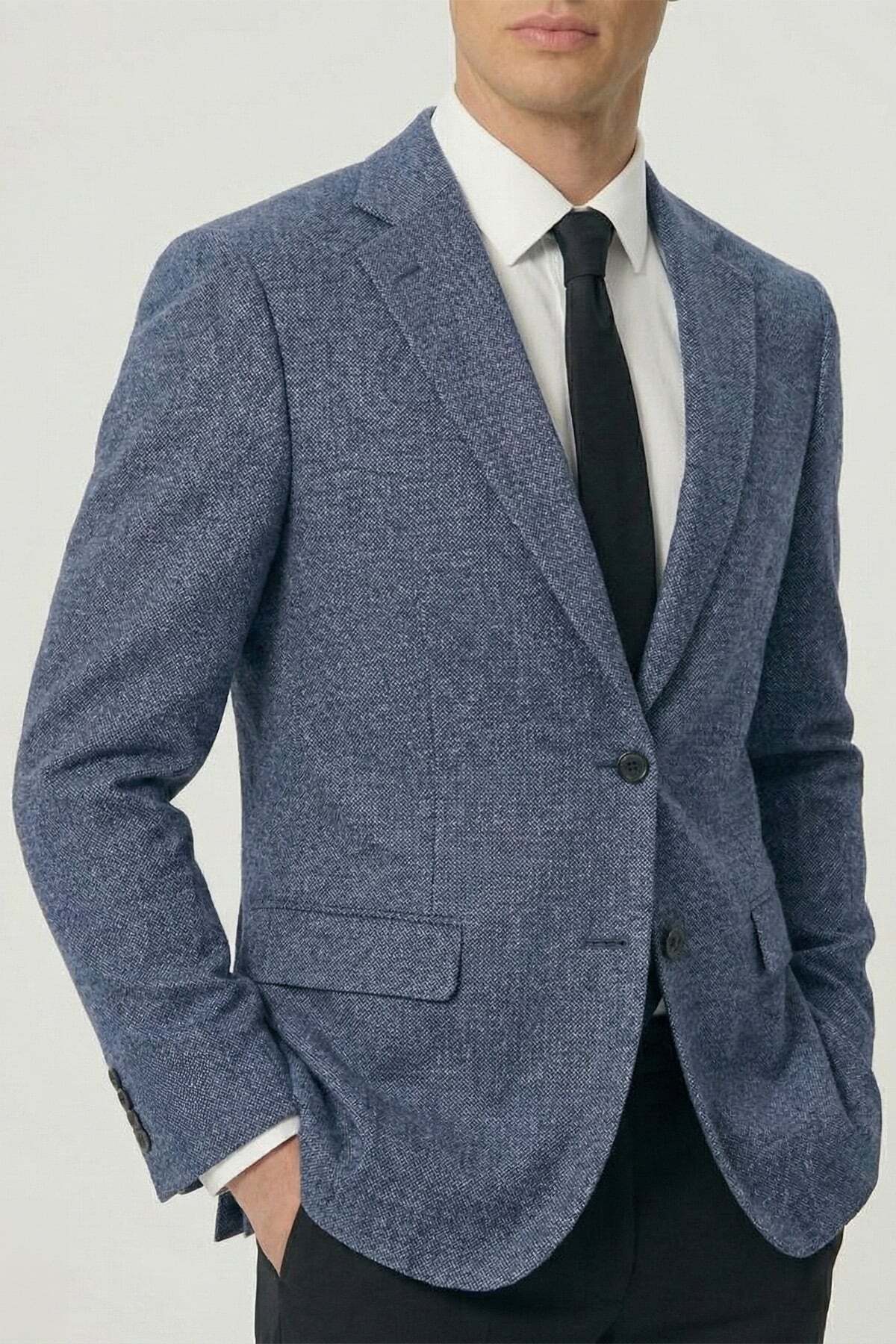 Sabri Özel  Erkek Lacivert Viskon Karışımlı 4 Drop Klasik Ceket - Görsel 3