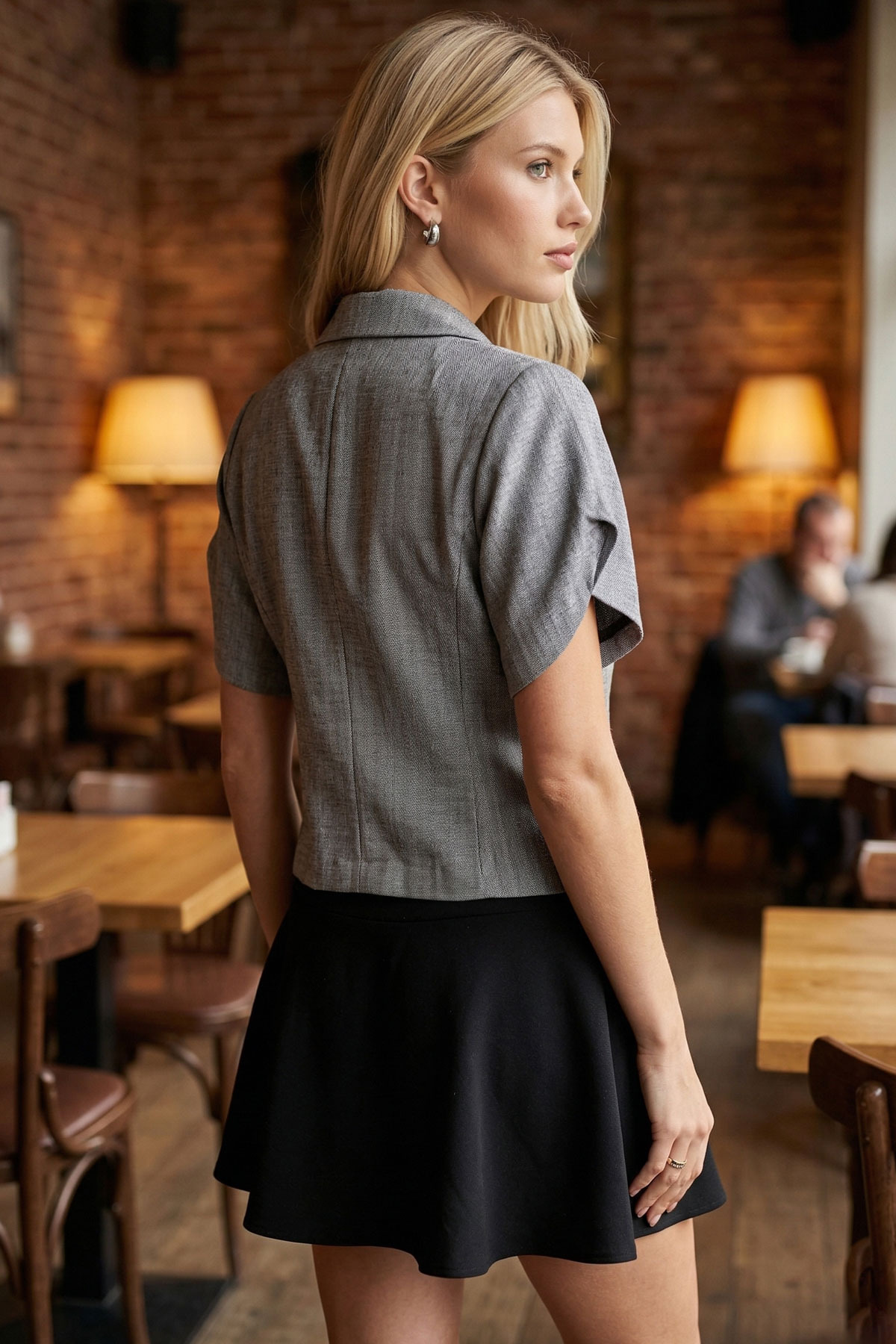 armonika  Kadın Koyu Gri Kolu Yırtmaç Detaylı Crop Kısa Kol Ceket ARM-24Y001048 - Görsel 3