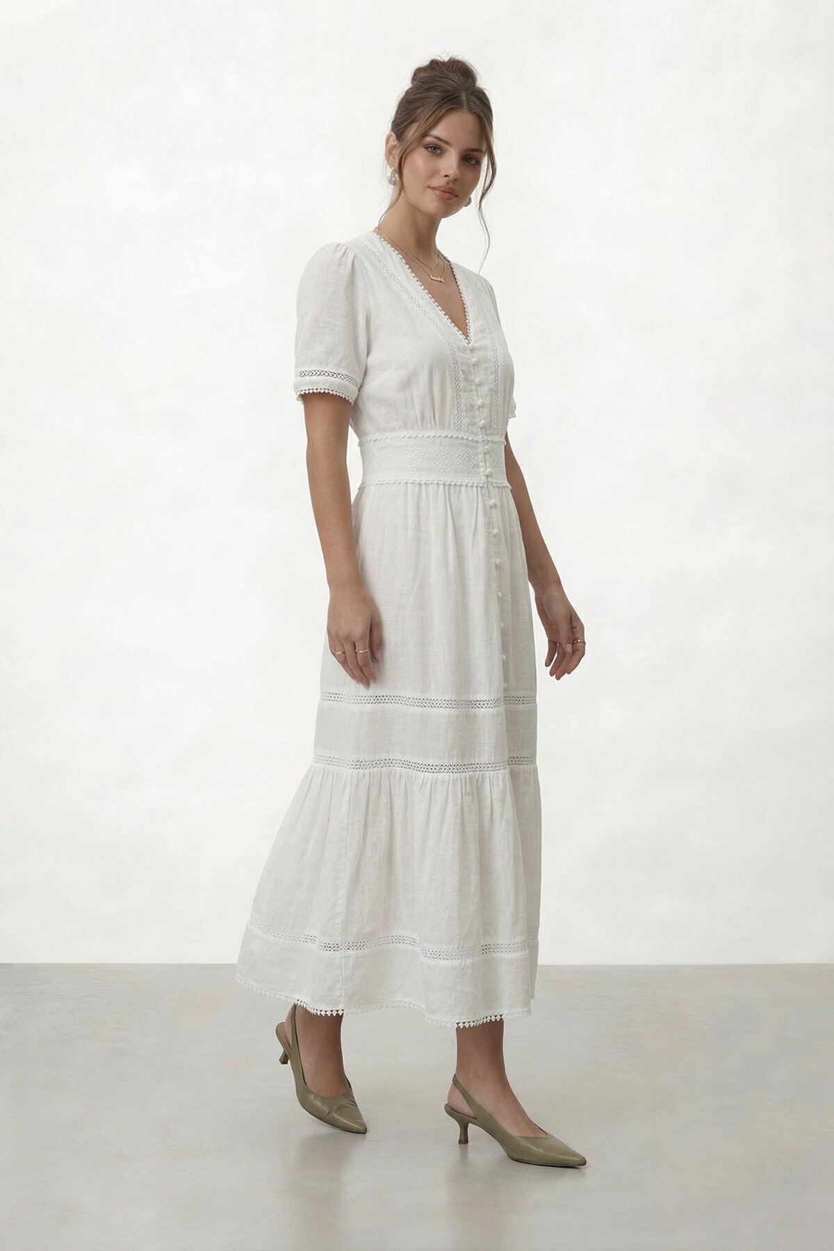 VAGGON  V Yaka Düğmeli Katlı Astarlı Midi Elbise - Görsel 5