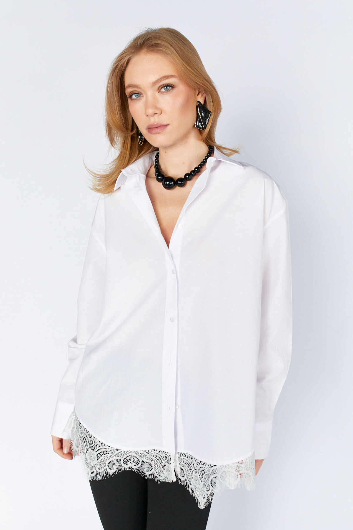 Dantel Detaylı Oversize Gömlek | MKS1610965-1 - Beyaz