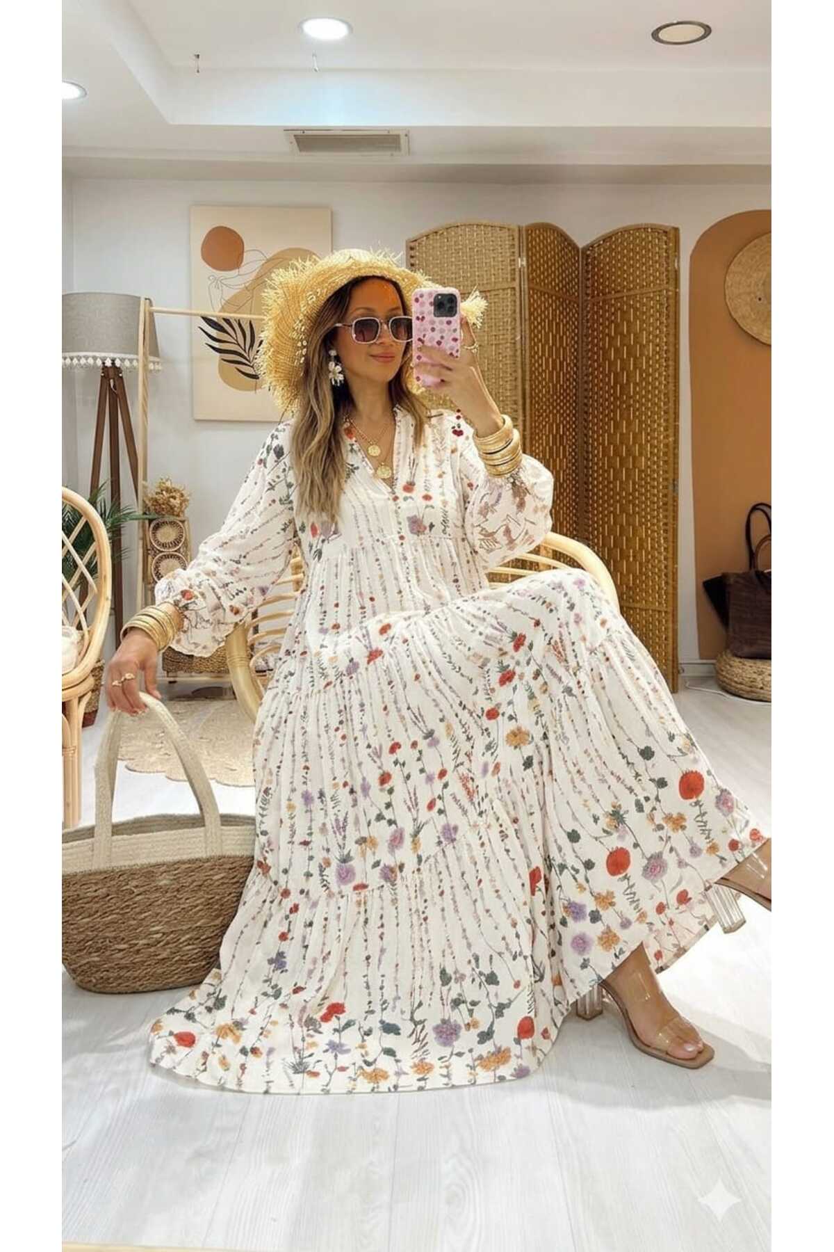 QUAWEAR  V Yaka Desenli Viskon Kumaş Tam Boy Elbise - Görsel 3