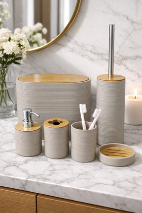MAKRİ HOME 6 Parça Toprak Banyo Seti, Bambu Detaylı, 8L Çöp Kovası 24x26x16 cm