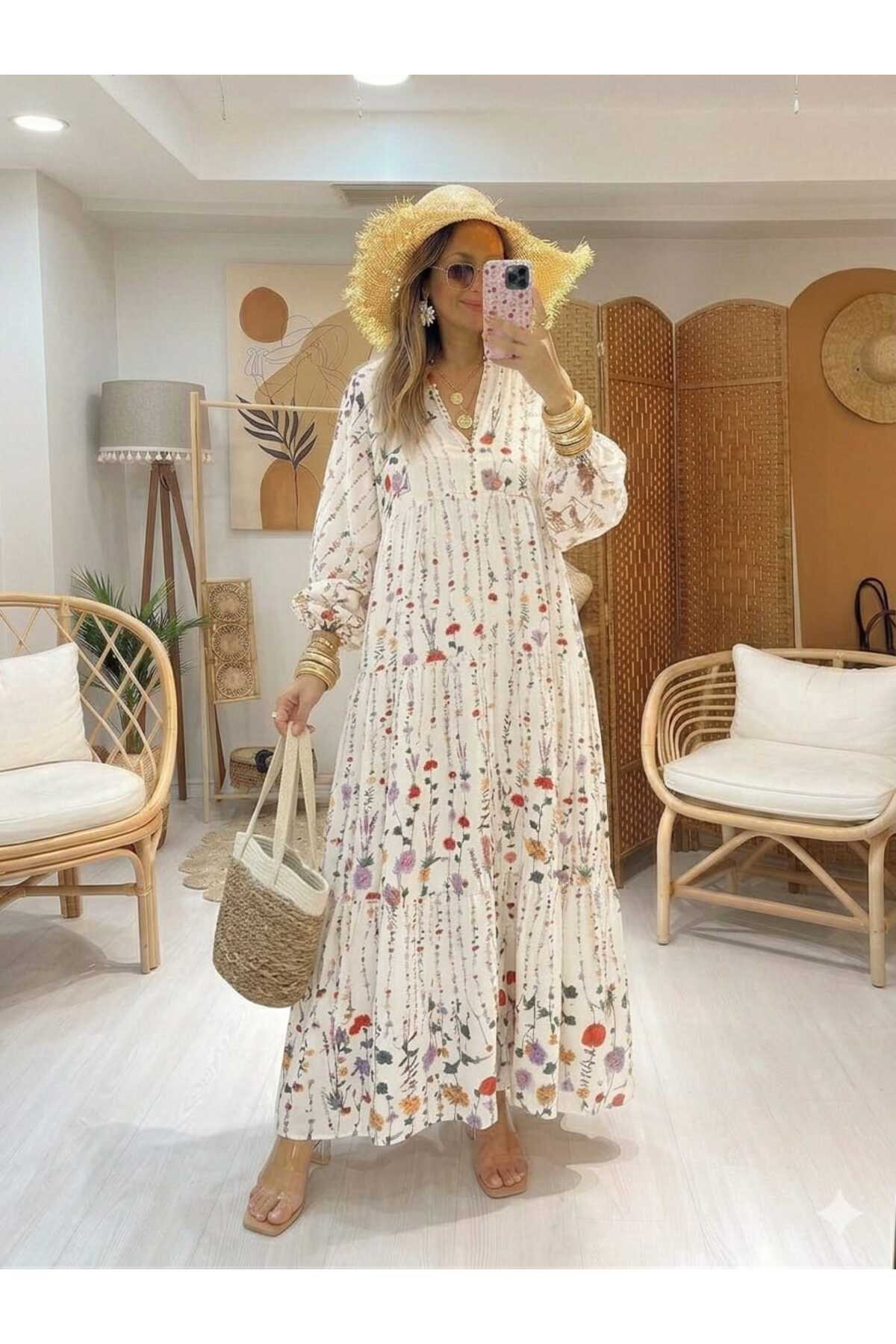 QUAWEAR  V Yaka Desenli Viskon Kumaş Tam Boy Elbise - Görsel 2