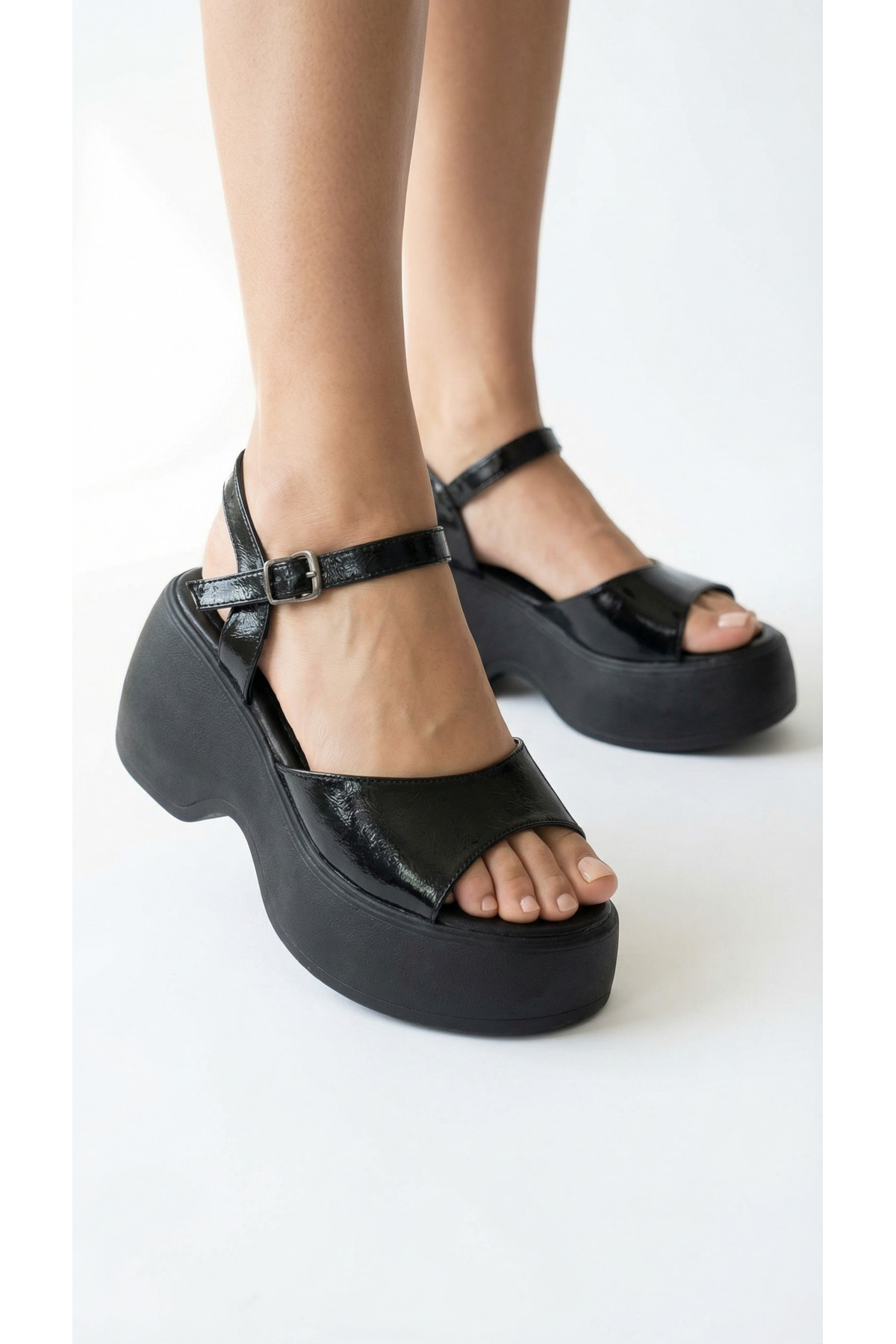Black Spring High Sole Side Buckle Single Stripe Open Front Skin Women's Summer Sandals Shoes