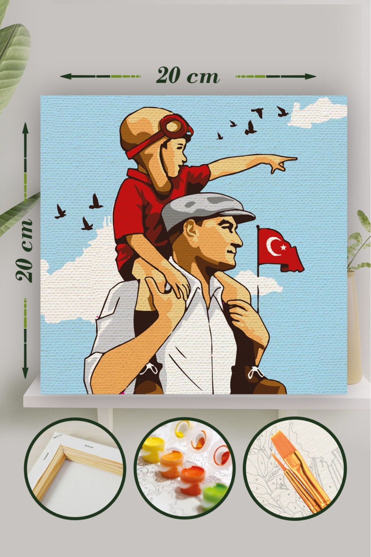 Sayılarla Boyama 20x20 Cm Tuval Seti Fırça Boya Dahil Çıtaya Gerili - Atatürk ve Çocuk