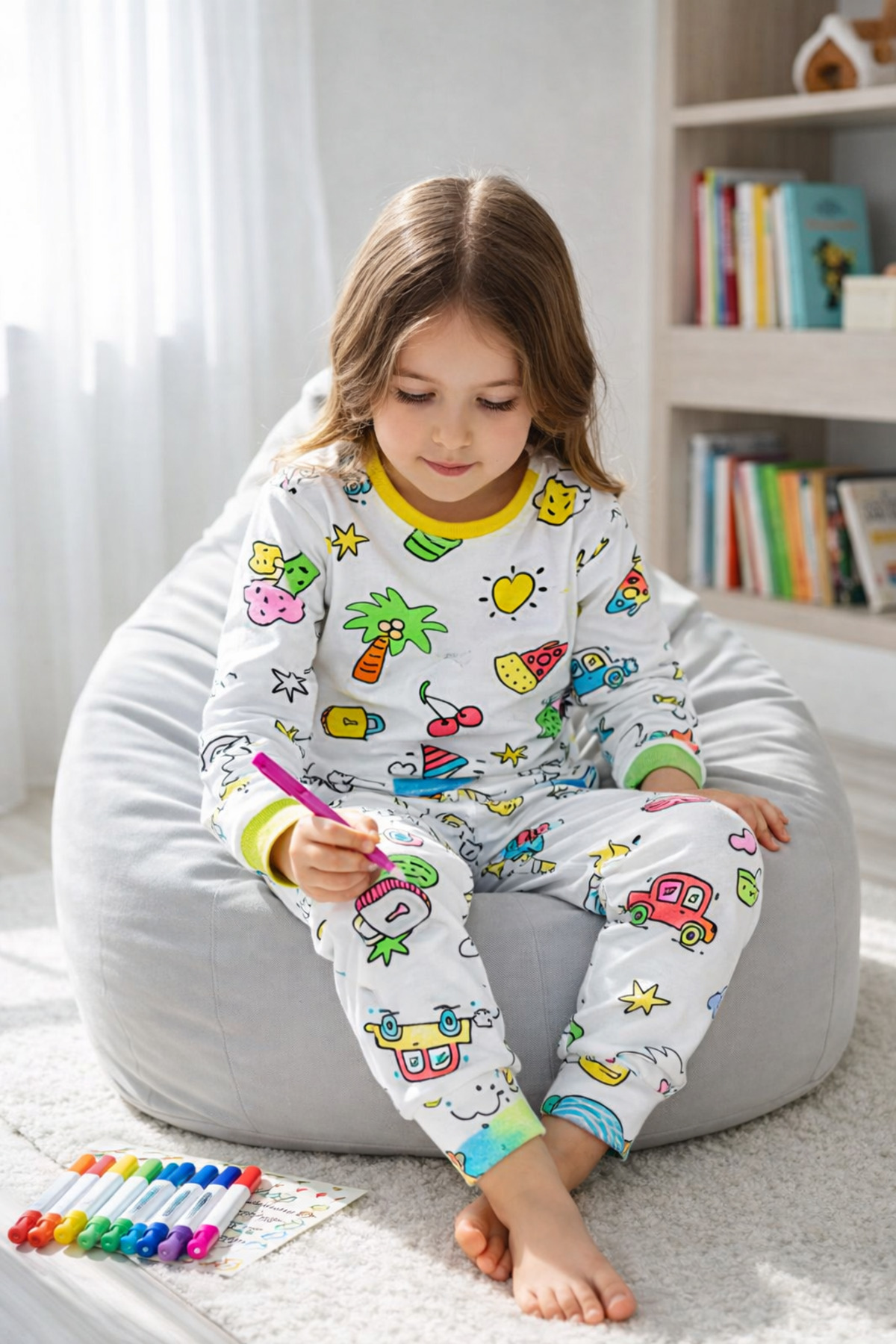 Fanwet Boyanabilir Unisex Çocuk Pijama Takımı Keçeli Kalem Hediyeli Yıka Tekrar Boya Eğitici Aktivite Seti fotoğrafı 2 (önizleme)