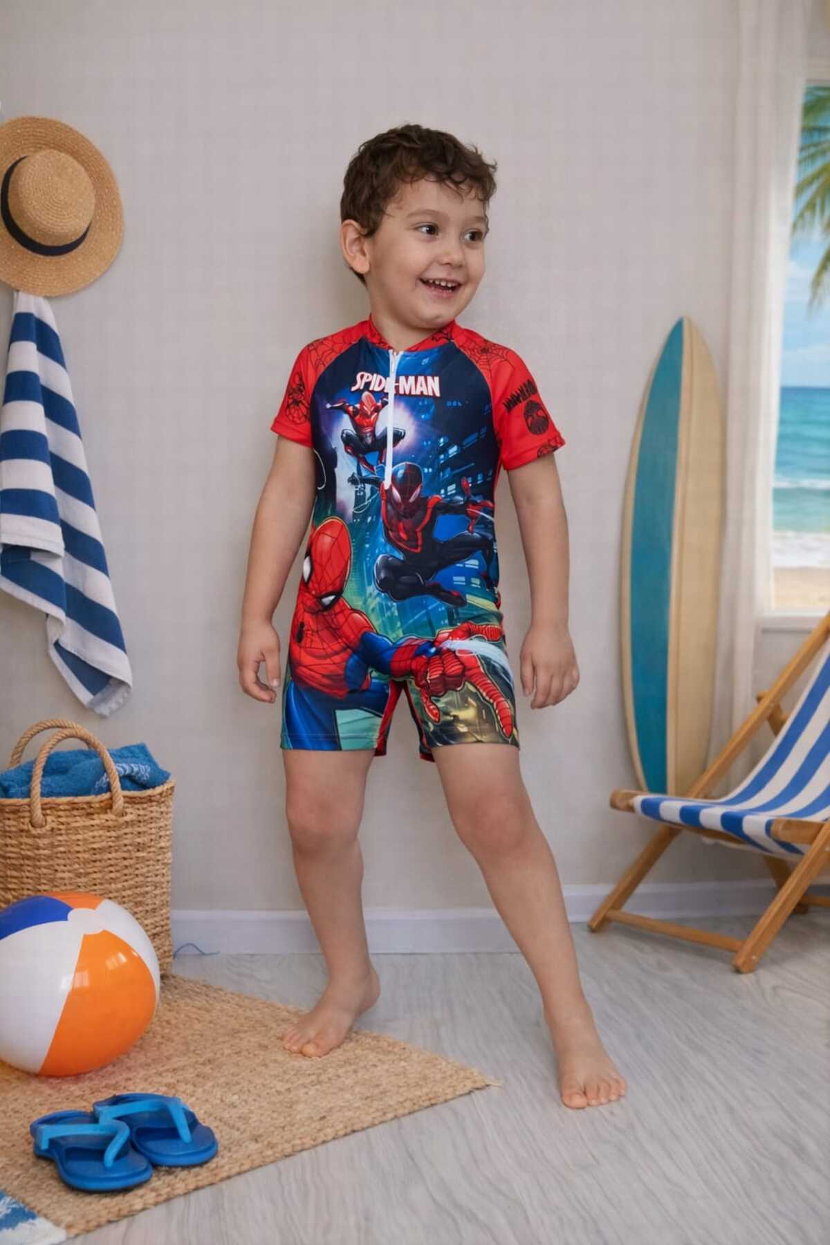 Belya Kids Wear Erkek Çocuk Sevimli Karakter2 Fermuarlı Tulum Mayo fotoğrafı 3 (önizleme)