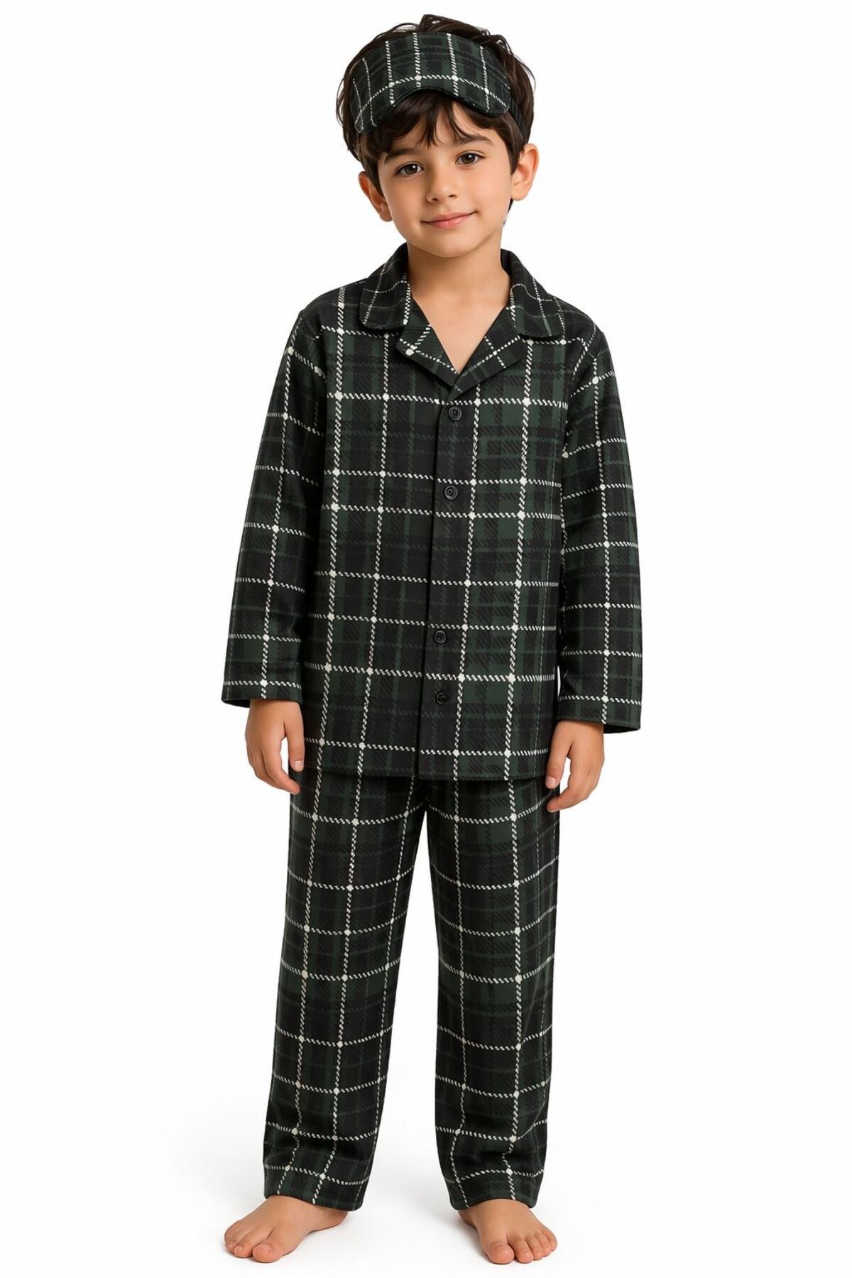 mışıl mışıl kids Erkek Çocuk Milan Kumaş Ekose Desenli Gömlek Yaka Düğmeli Uyku Bantlı Pijama Takımı fotoğrafı 2 (önizleme)