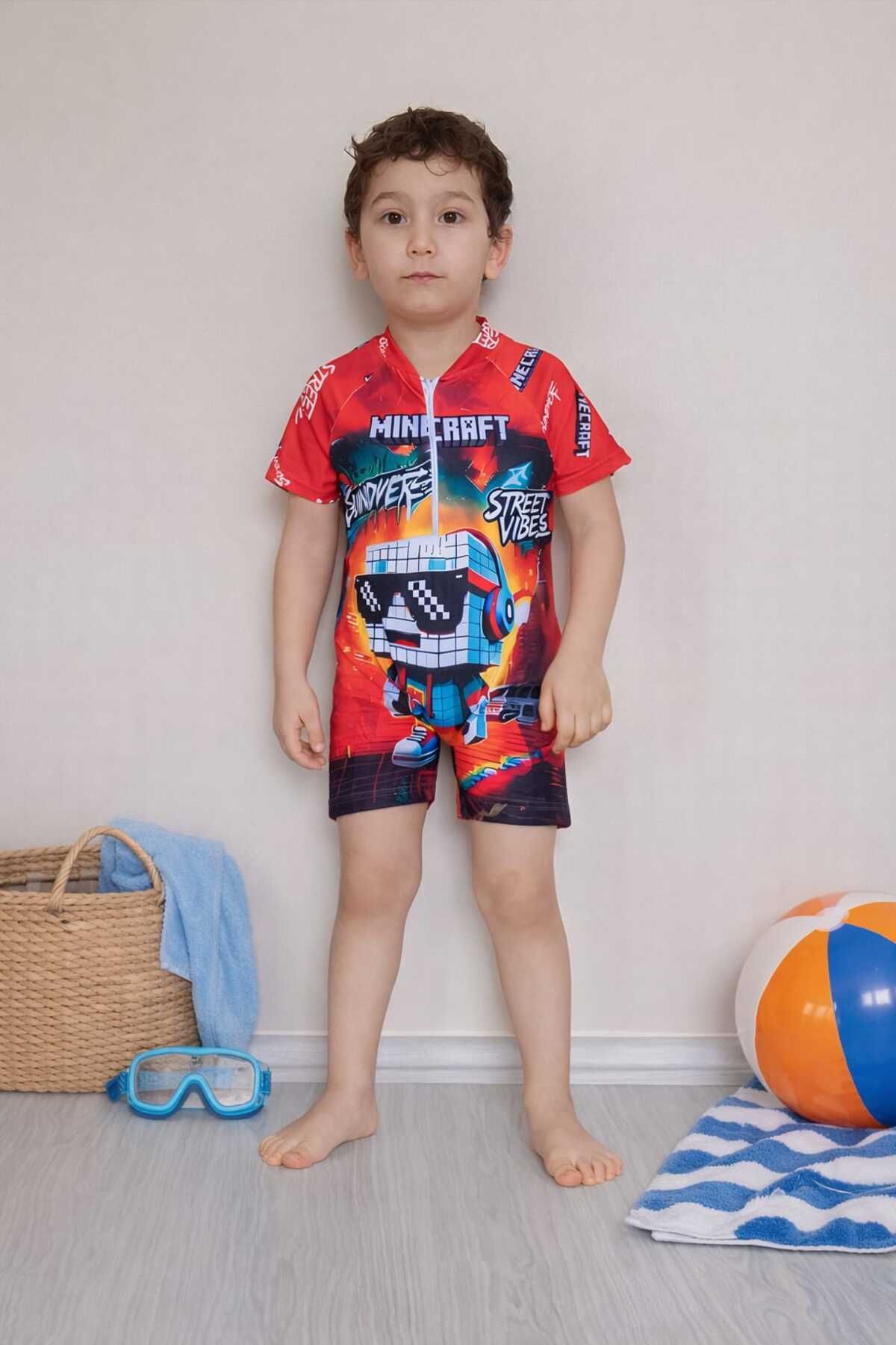 Belya Kids Wear Erkek Çocuk Sevimli Karakter1 Fermuarlı Tulum Mayo fotoğrafı 3 (önizleme)